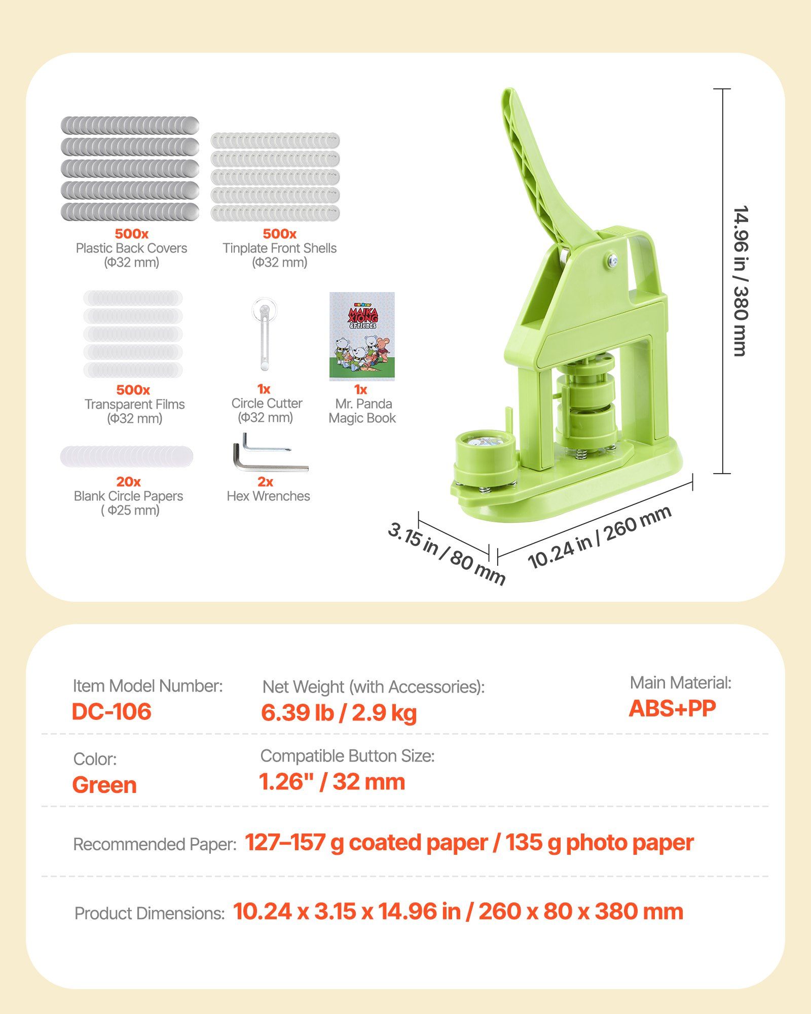 Button Maker Machine, 32 mm, Plastic Pin Maker with 500pcs Button Parts, Mr. Panda Magic Book, Circle Cutter and Hex Wrenches, Reinforced Ergonomic Handle, for DIY Badges, Personalized Pins - Image 7