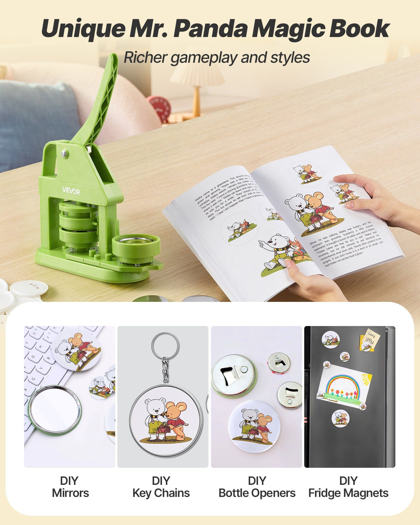 Button Maker Machine, 58 mm, Plastic Pin Maker with 100pcs Button Parts, Mr. Panda Magic Book, Circle Cutter and Hex Wrenches, Reinforced Ergonomic Handle, for DIY Badges, Personalized Pins - Image 6