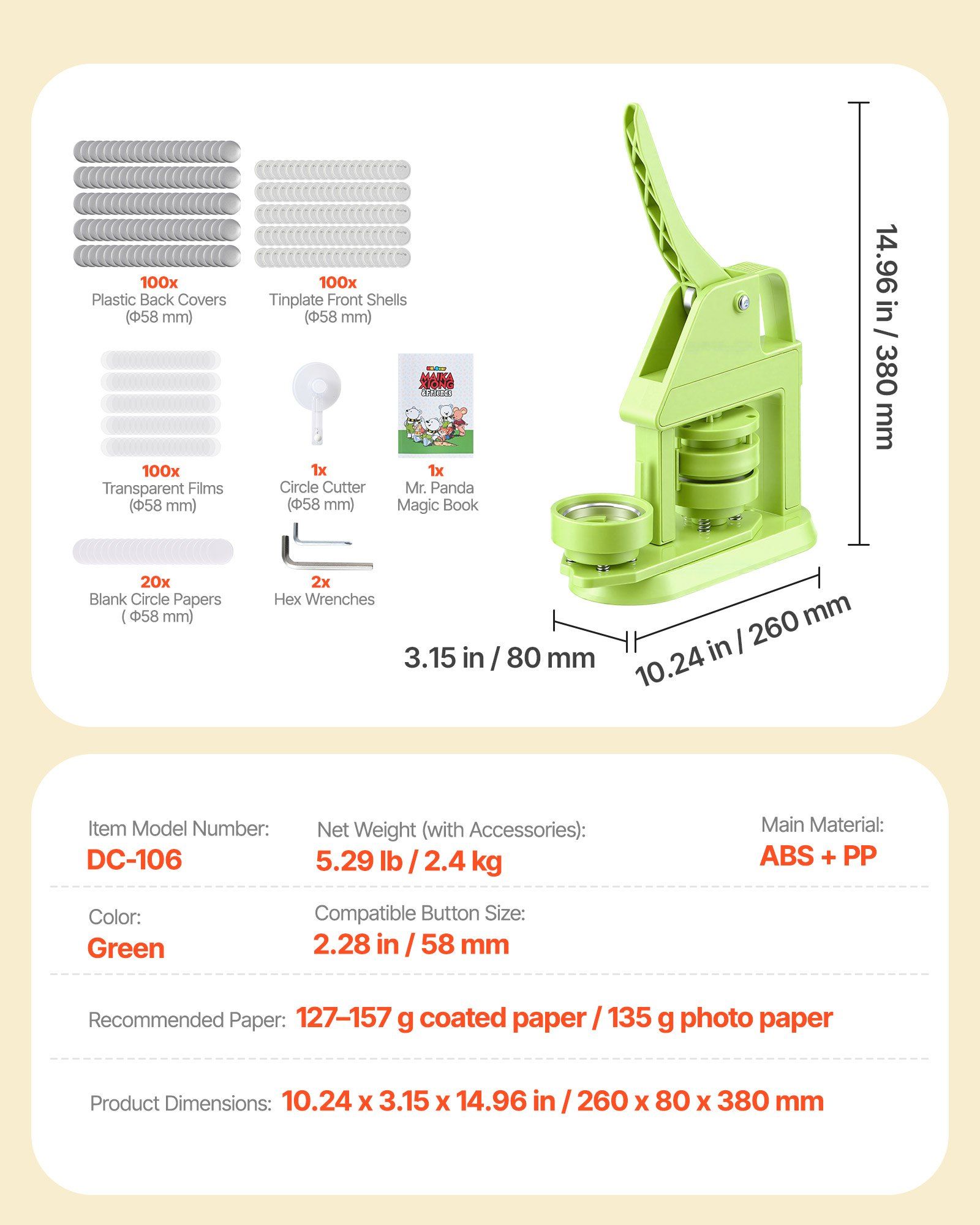 Button Maker Machine, 58 mm, Plastic Pin Maker with 100pcs Button Parts, Mr. Panda Magic Book, Circle Cutter and Hex Wrenches, Reinforced Ergonomic Handle, for DIY Badges, Personalized Pins - Image 7