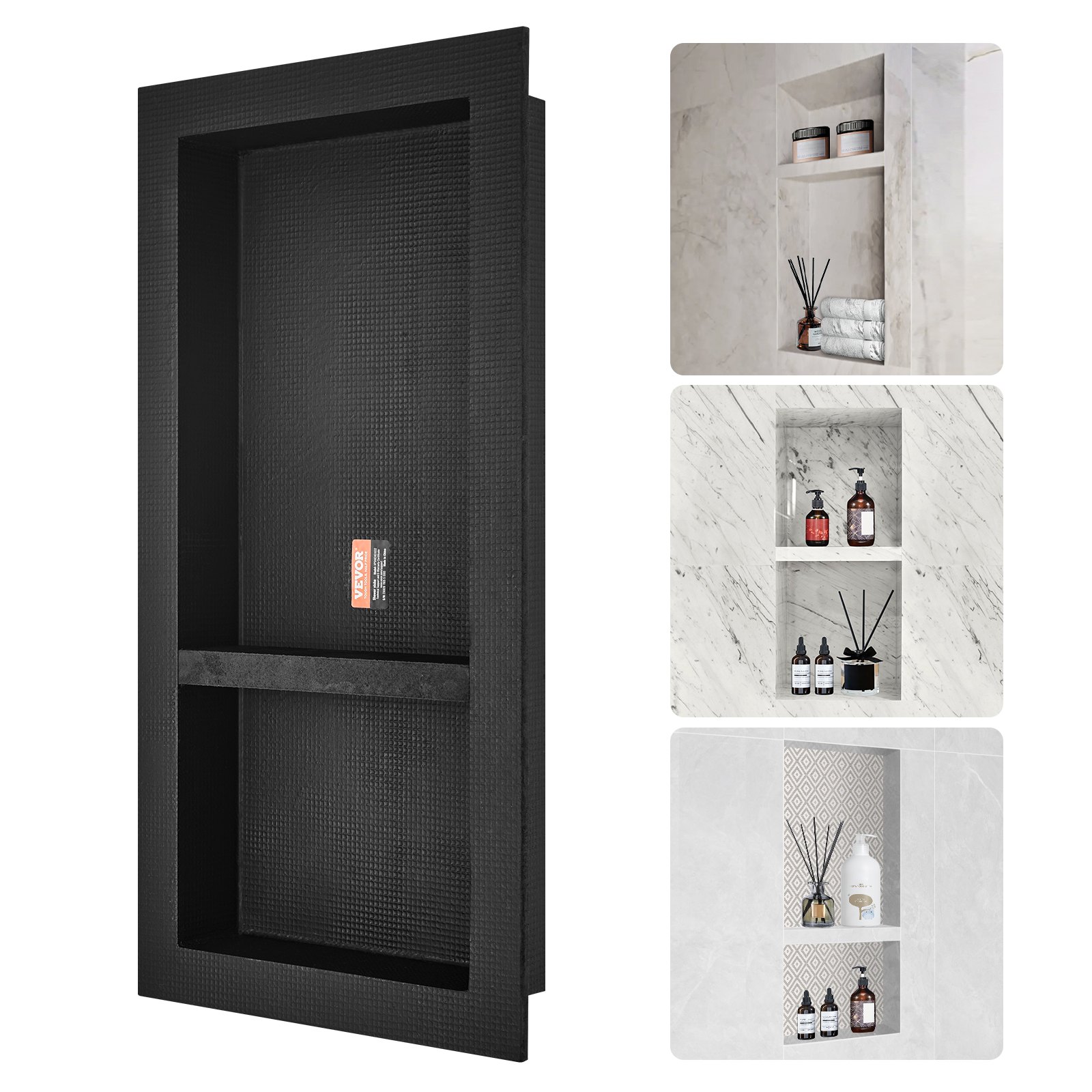 Shower Niche Ready for Tile 40.64 x 81.28 cm, Double Shelf Organizer, Square Corners Wall-inserted Niche Recessed, Sealed Protection Modern Soap Storage Niche for Shower Bathroom, Black - Image 1