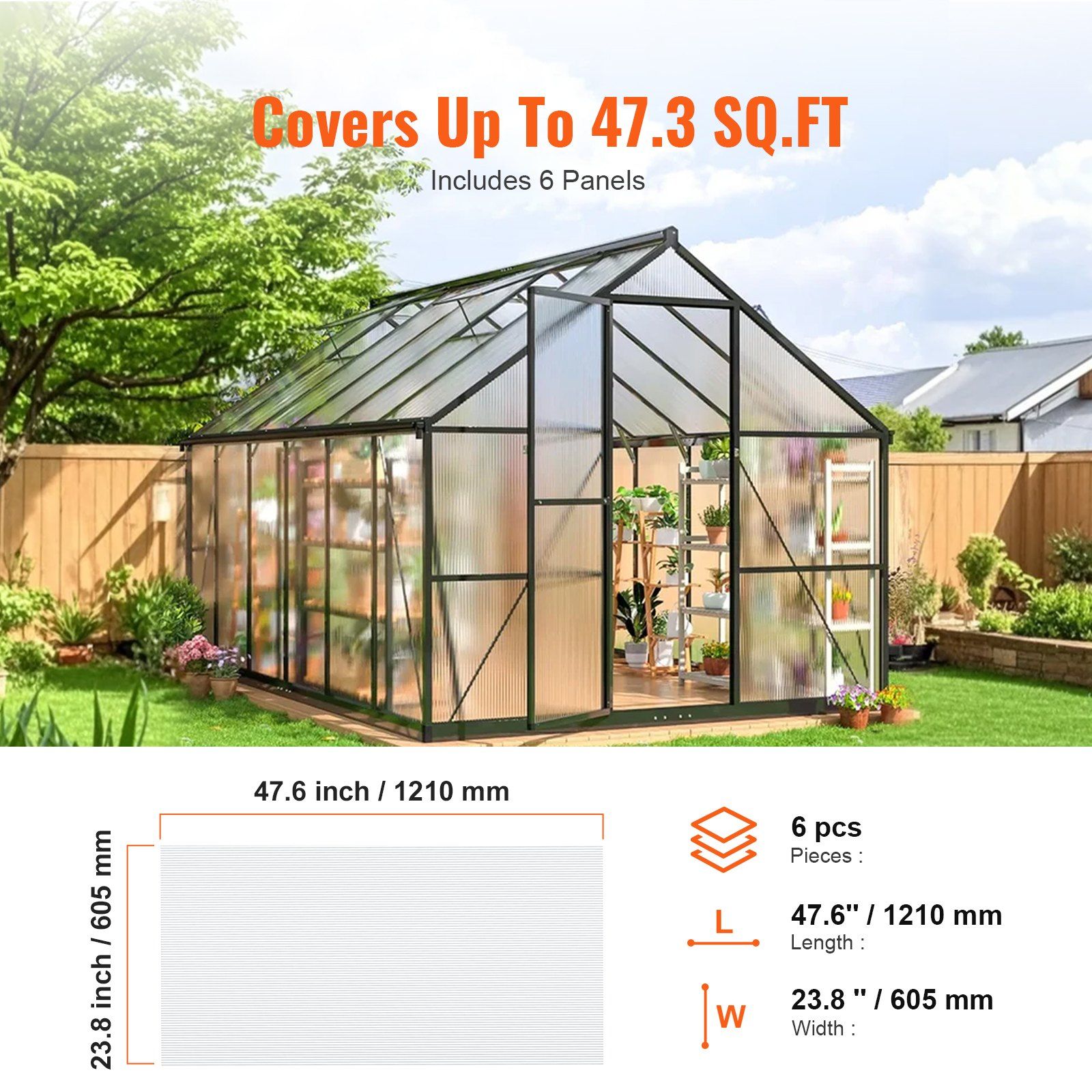 6 Pack Polycarbonate Greenhouse Panels, 3.96' x 1.98' x 0.157
