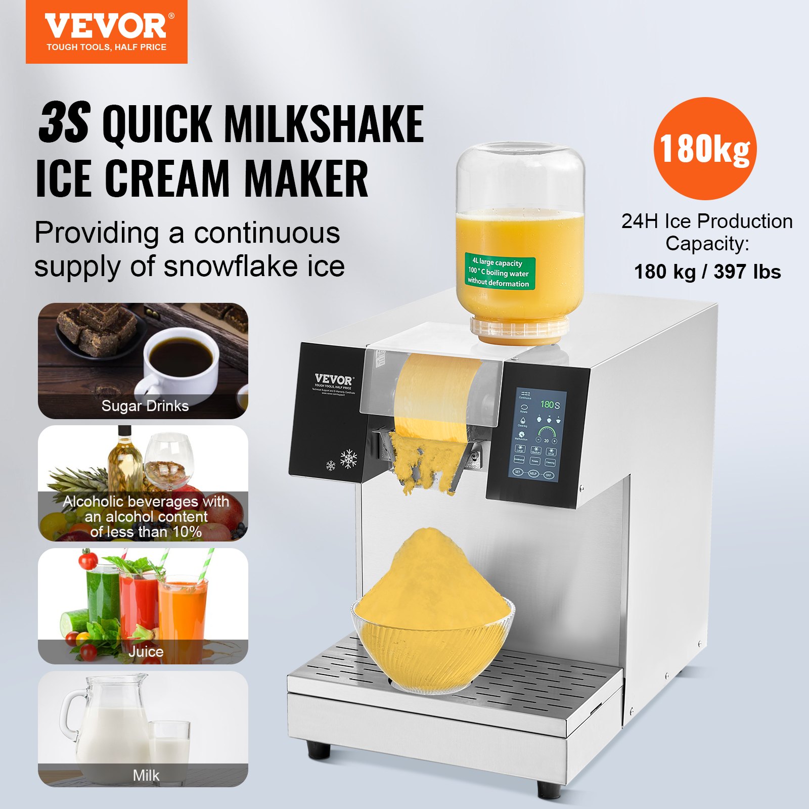 Commercial Snowflake Ice Machine, 397LBS/24H Snowflake Ice Maker, Stainless Steel Ice Shaver Machine, Electric Snow Cone Maker, Liquid Cooling System for Rapid Heat Dissipation, Ice Cream - Image 2