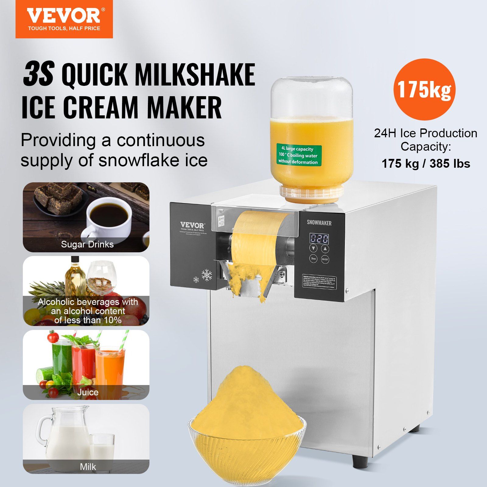 Commercial Snowflake Ice Machine, 385LBS/24H Snowflake Ice Maker, Stainless Steel Ice Shaver Machine, Electric Snow Cone Maker, Liquid Cooling System for Rapid Heat Dissipation, Ice Cream - Image 2
