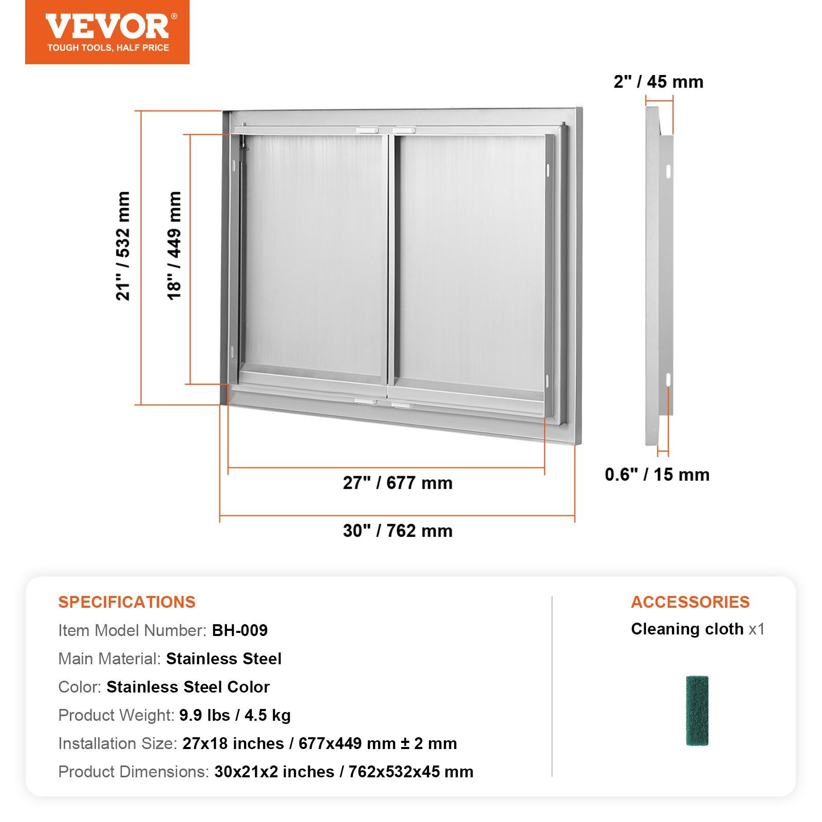 BBQ Access Door, 762x532 mm Double Outdoor Kitchen Door, Stainless Steel Flush Mount Door, Wall Vertical Door with Recessed Handles , for BBQ Island, Grilling Station, Outside Cabinet - Image 7