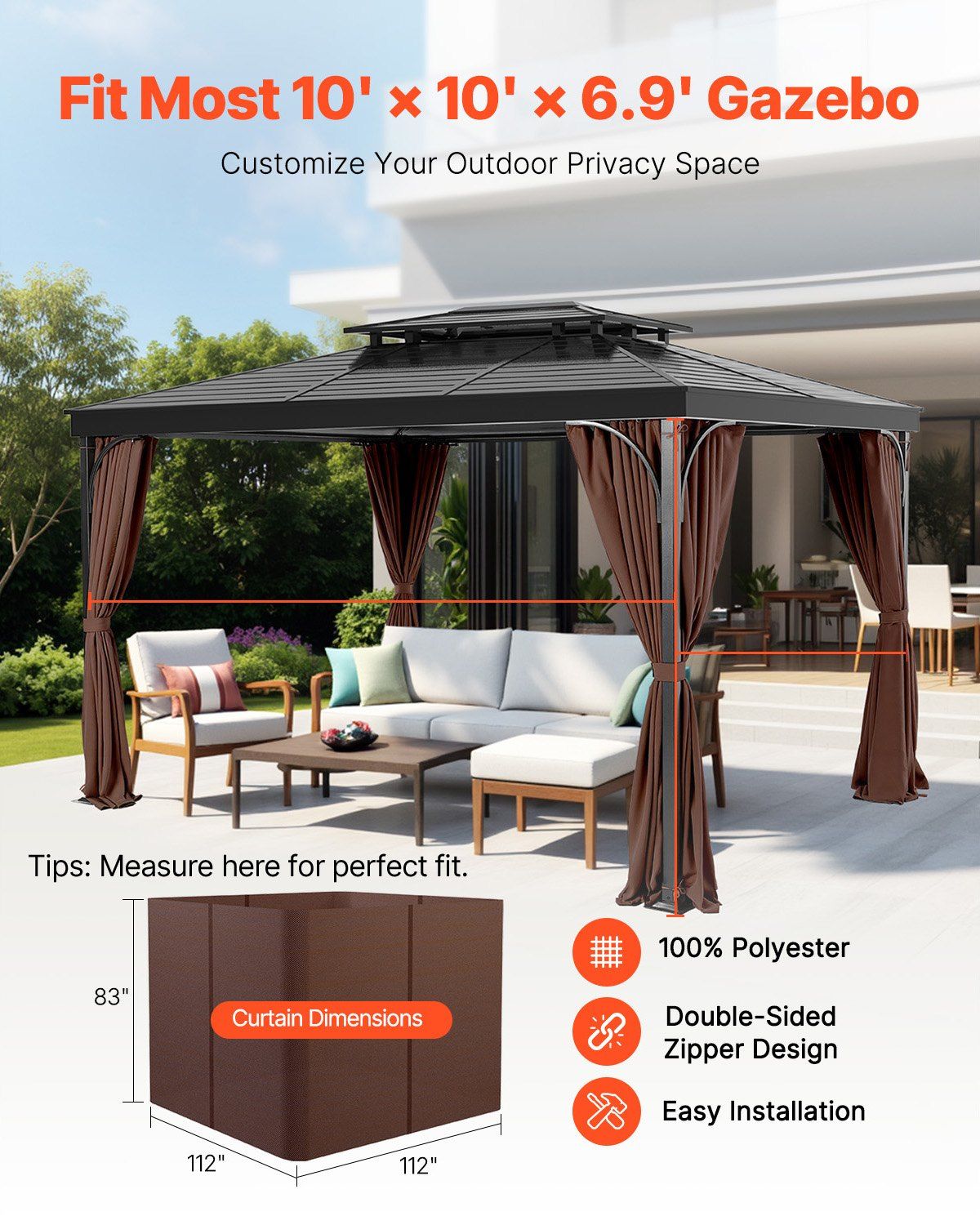Gazebo Curtains Outdoor, Fit Most 2840 x 2840 x 2110 mm Gazebos, 4-Panel Sidewall Gazebo Privacy Curtains with Zippers, Outdoor Curtain Replacement for Patio Canopy, Only Curtain, Coffee - Image 2