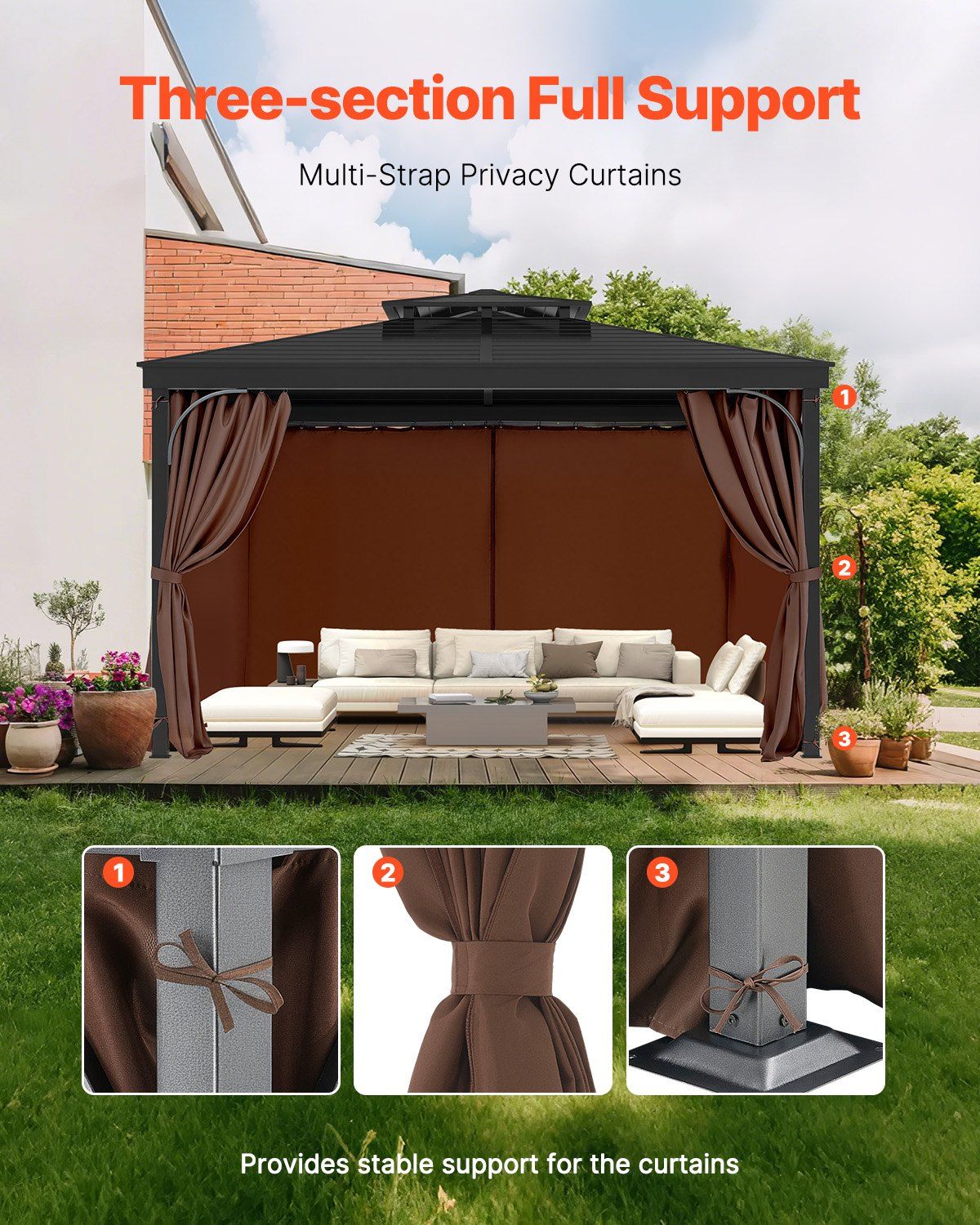 Gazebo Curtains Outdoor, Fit Most 2840 x 2840 x 2110 mm Gazebos, 4-Panel Sidewall Gazebo Privacy Curtains with Zippers, Outdoor Curtain Replacement for Patio Canopy, Only Curtain, Coffee - Image 6