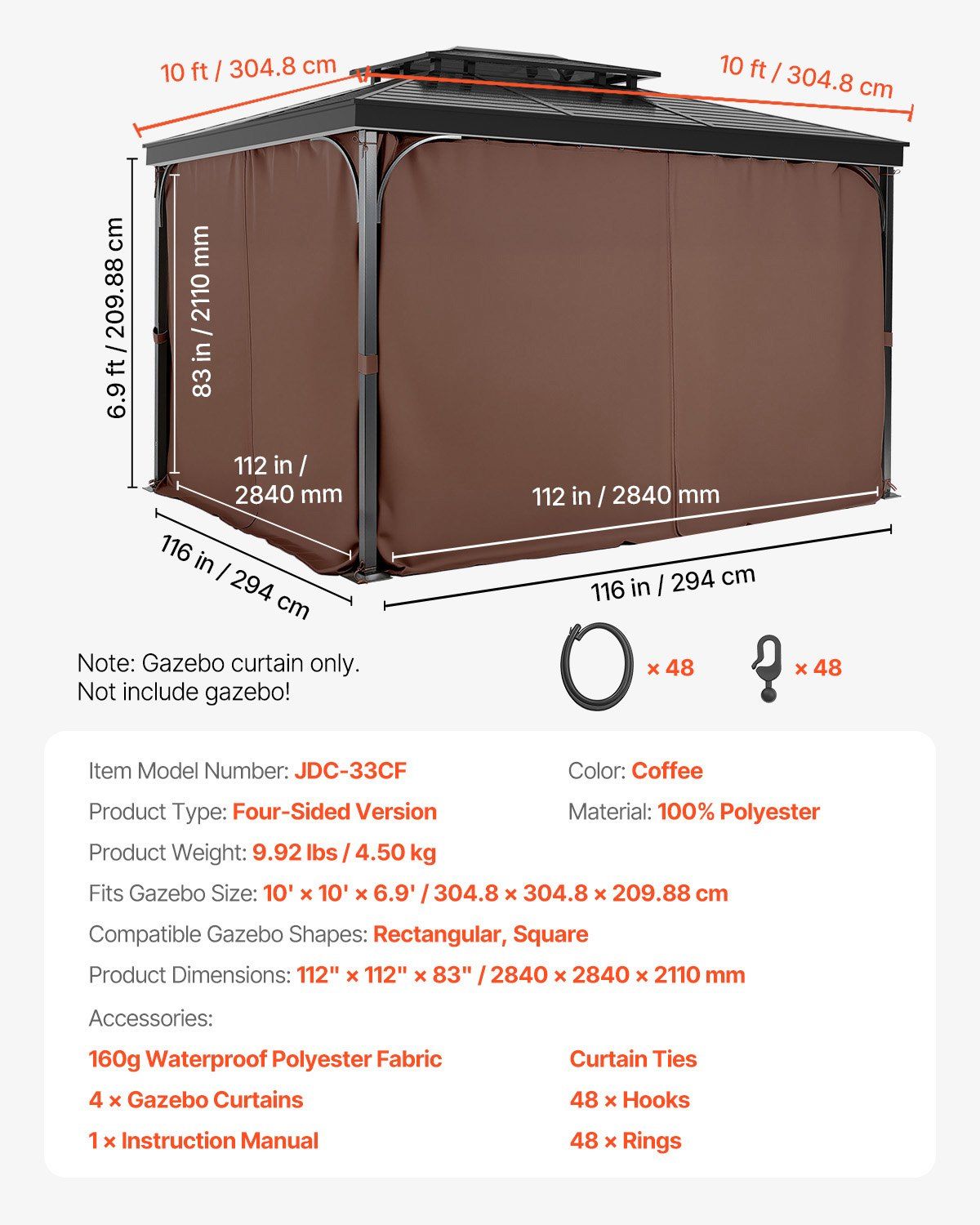 Gazebo Curtains Outdoor, Fit Most 2840 x 2840 x 2110 mm Gazebos, 4-Panel Sidewall Gazebo Privacy Curtains with Zippers, Outdoor Curtain Replacement for Patio Canopy, Only Curtain, Coffee - Image 7