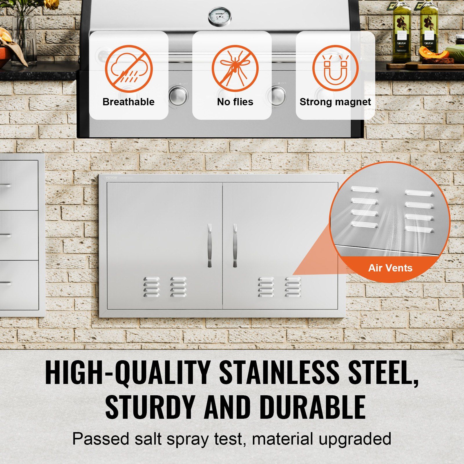 BBQ Access Door, 914x534 mm Double Outdoor Kitchen Door, Stainless Steel Flush Mount Door, Wall Vertical Door with Handles and Vents, for BBQ Island, Grilling Station, Outside Cabinet - Image 3