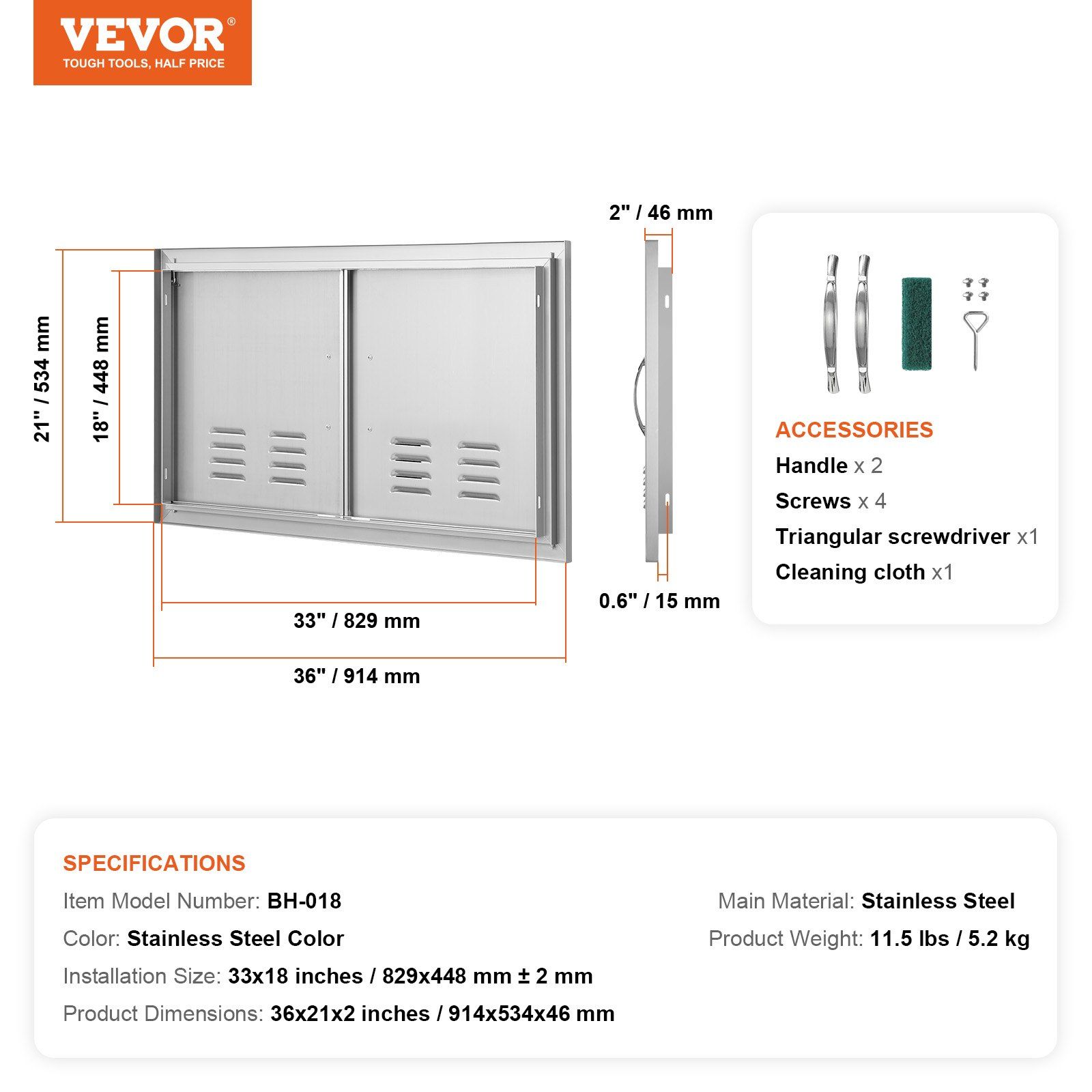 BBQ Access Door, 914x534 mm Double Outdoor Kitchen Door, Stainless Steel Flush Mount Door, Wall Vertical Door with Handles and Vents, for BBQ Island, Grilling Station, Outside Cabinet - Image 7