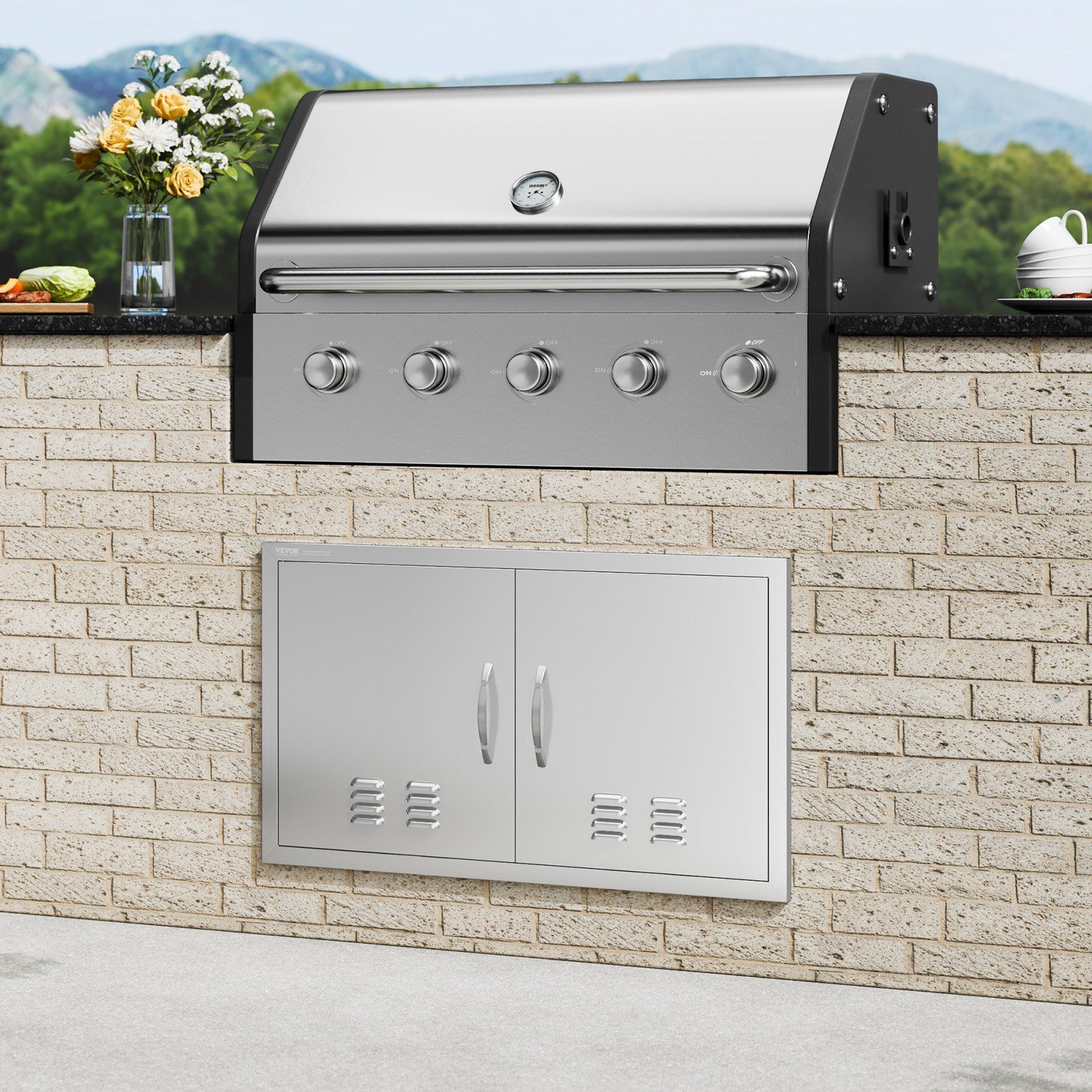 BBQ Access Door, 914x534 mm Double Outdoor Kitchen Door, Stainless Steel Flush Mount Door, Wall Vertical Door with Handles and Vents, for BBQ Island, Grilling Station, Outside Cabinet - Image 8