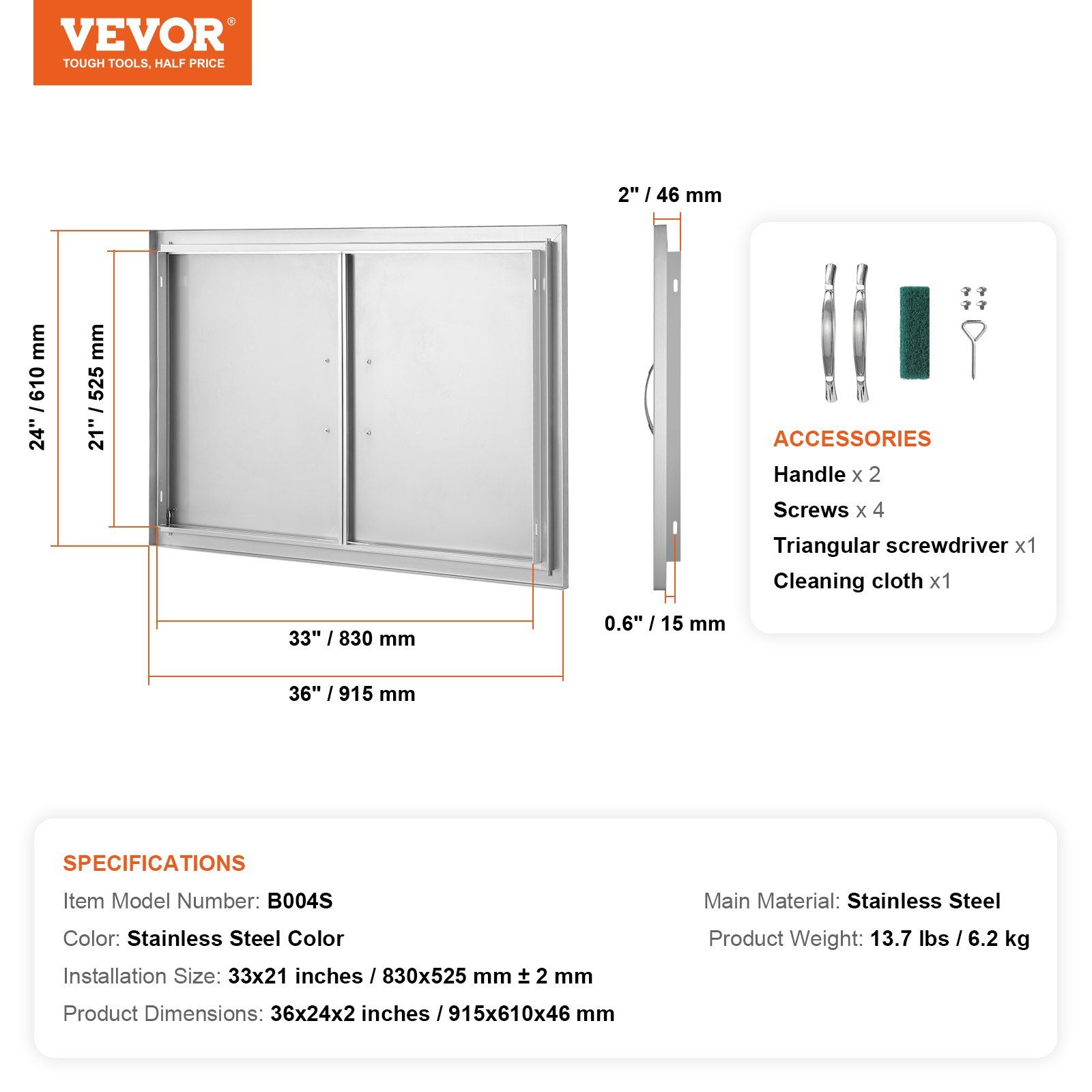 BBQ Access Door, 915x610 mm Double Outdoor Kitchen Door, Stainless Steel Flush Mount Door, Wall Vertical Door with Handles, for BBQ Island, Grilling Station, Outside Cabinet - Image 7