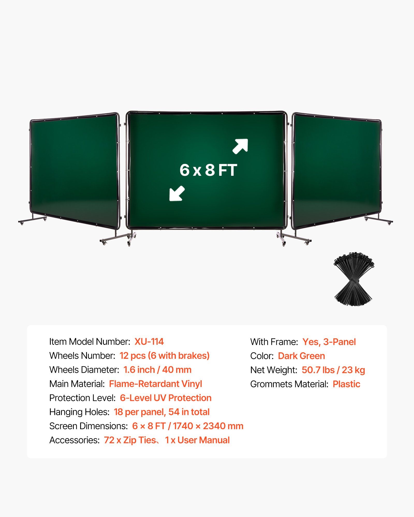 Welding Screen with Frame, 3-Panel 1.74 x 2.34m Welding Curtain Screen, Flame-Resistant Vinyl Protection Screens with 12 Wheels & 6-Level UV Protection for Workshop/Industrial Use, Dark Green - Image 7