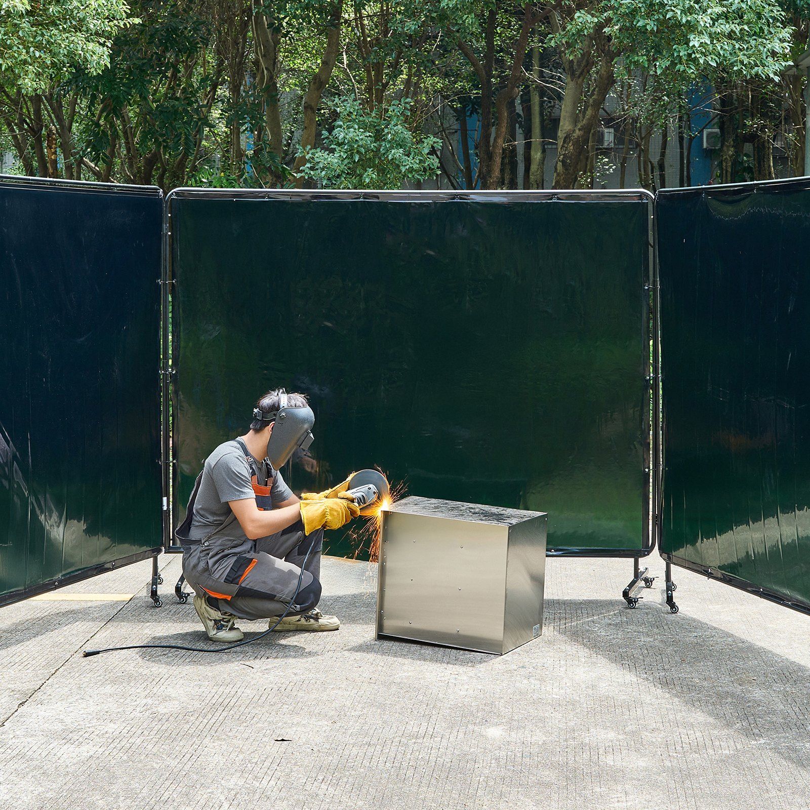 Welding Screen with Frame, 3-Panel 1.74 x 2.34m Welding Curtain Screen, Flame-Resistant Vinyl Protection Screens with 12 Wheels & 6-Level UV Protection for Workshop/Industrial Use, Dark Green - Image 8