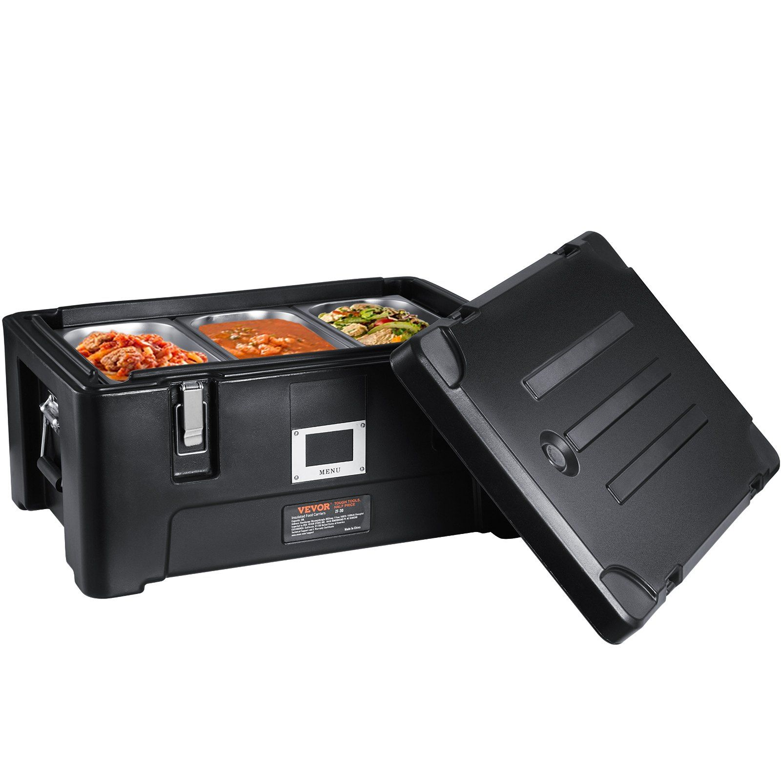 Insulated Food Pan Carrier, 36Qt Capacity, Stackable Catering Hot Box with 3 Stainless Steel Pans, Top Load LLDPE Food Warmer with Elastic Side Handles and Buckles, for Restaurant Canteen, Black - Image 1