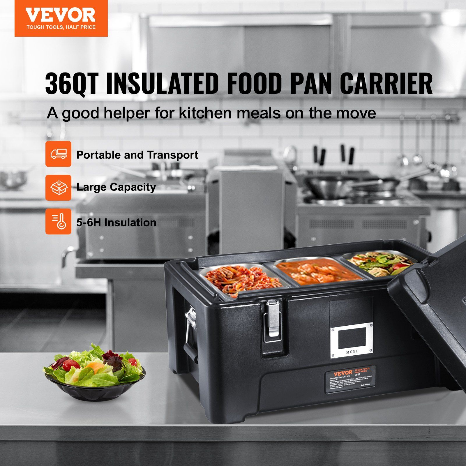 Insulated Food Pan Carrier, 36Qt Capacity, Stackable Catering Hot Box with 3 Stainless Steel Pans, Top Load LLDPE Food Warmer with Elastic Side Handles and Buckles, for Restaurant Canteen, Black - Image 2