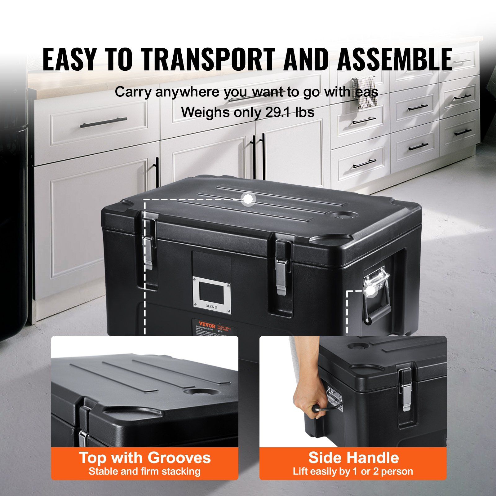 Insulated Food Pan Carrier, 36Qt Capacity, Stackable Catering Hot Box with 3 Stainless Steel Pans, Top Load LLDPE Food Warmer with Elastic Side Handles and Buckles, for Restaurant Canteen, Black - Image 5