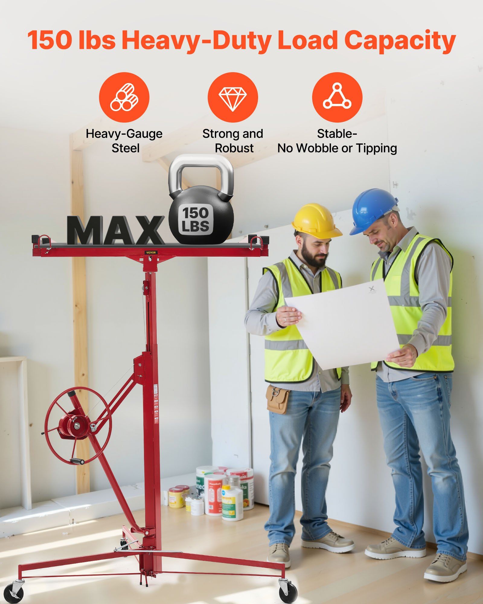 3353mm Drywall Lift, Heavy-Duty 68 kg Sheetrock Hoist with Adjustable Telescoping Arm, Lockable Wheels, Drywall Lifter Panel Jack Hoist Tools Ideal for Ceiling & Wall Installation (Red) - Image 2