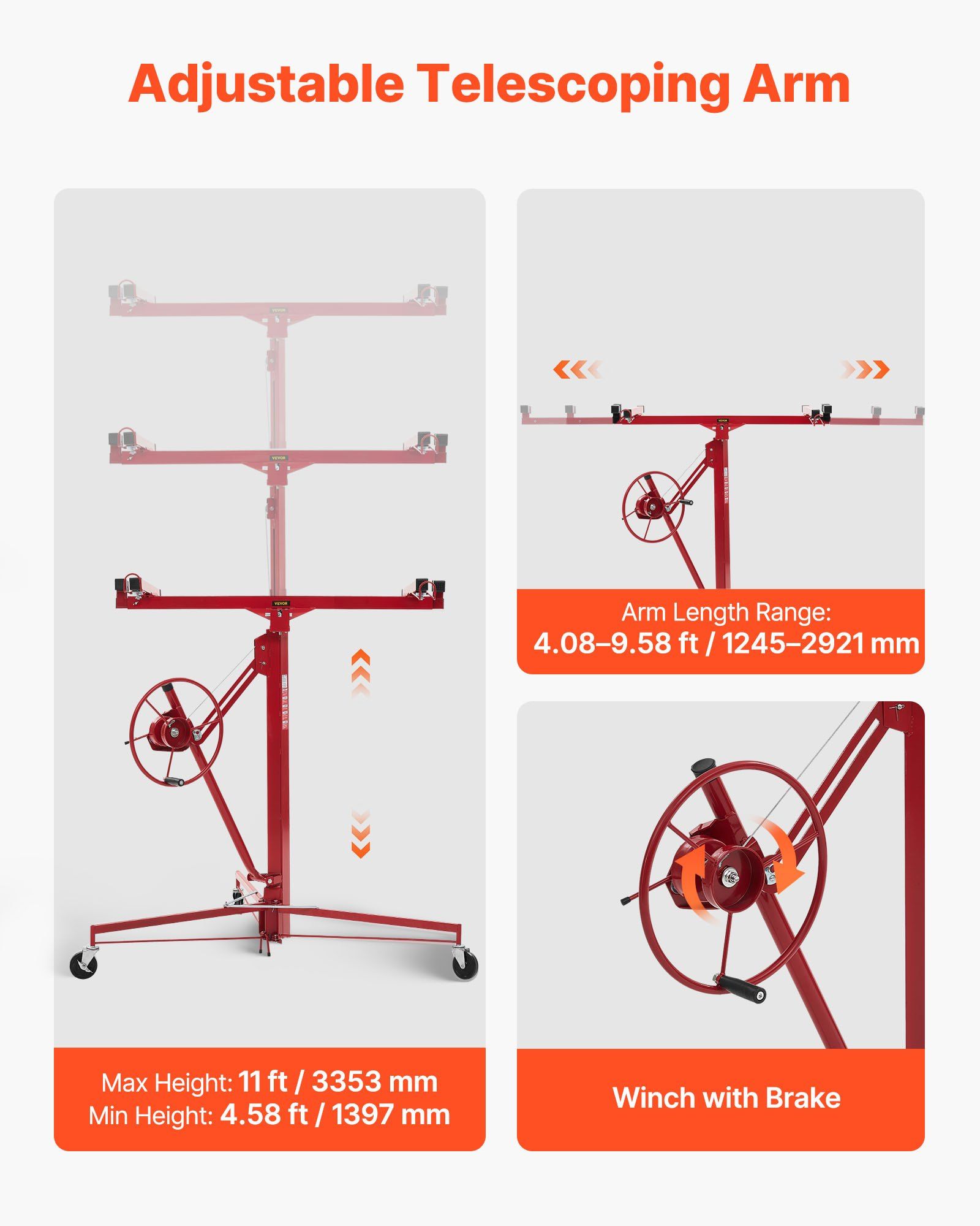 3353mm Drywall Lift, Heavy-Duty 68 kg Sheetrock Hoist with Adjustable Telescoping Arm, Lockable Wheels, Drywall Lifter Panel Jack Hoist Tools Ideal for Ceiling & Wall Installation (Red) - Image 3