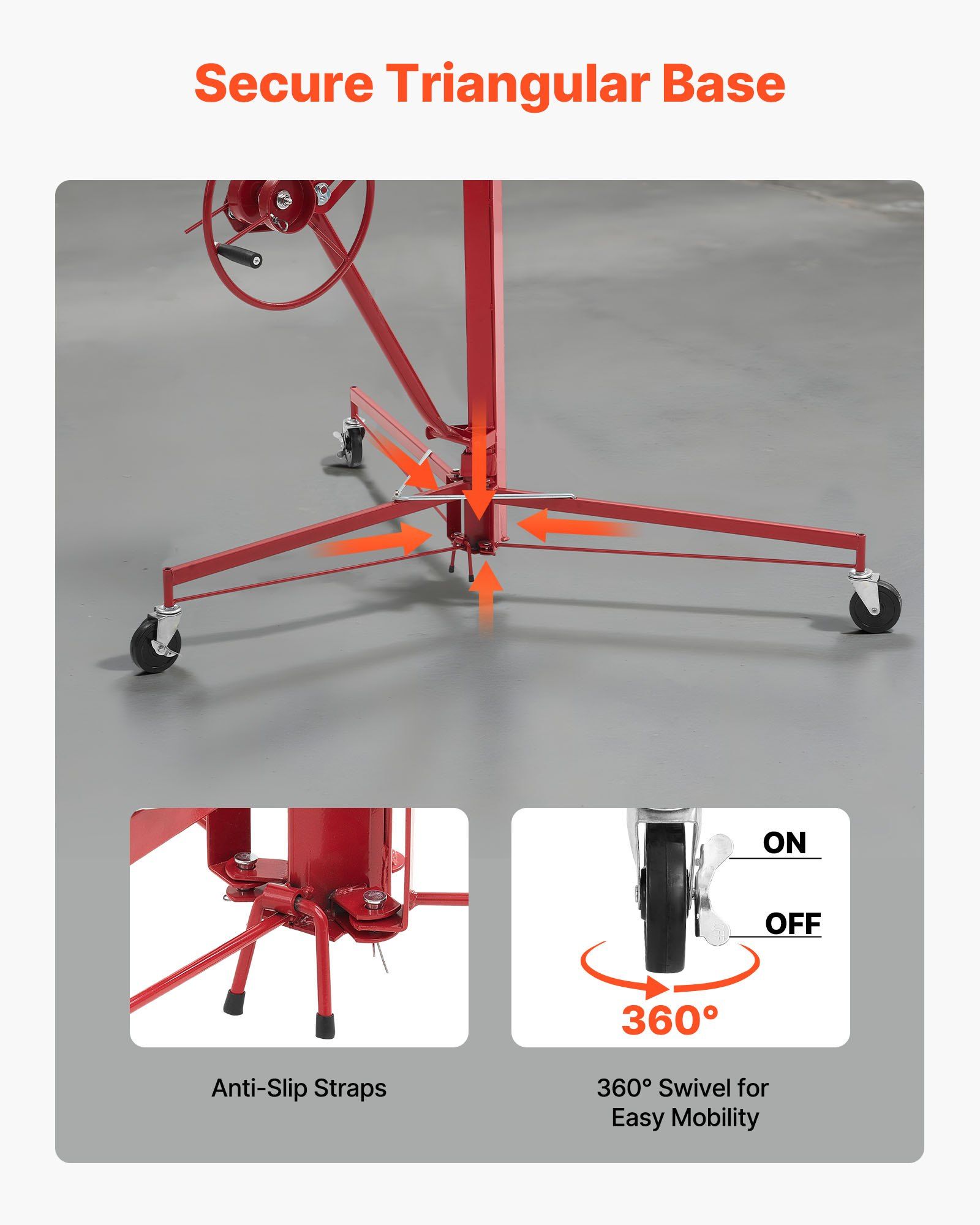 3353mm Drywall Lift, Heavy-Duty 68 kg Sheetrock Hoist with Adjustable Telescoping Arm, Lockable Wheels, Drywall Lifter Panel Jack Hoist Tools Ideal for Ceiling & Wall Installation (Red) - Image 5