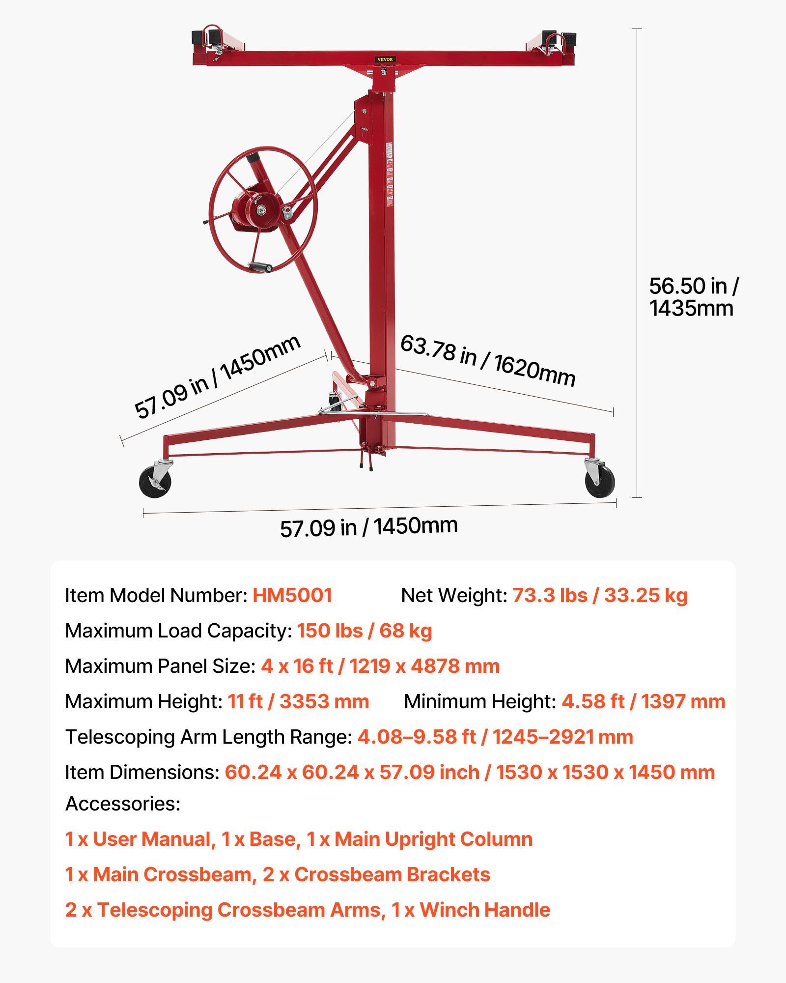 3353mm Drywall Lift, Heavy-Duty 68 kg Sheetrock Hoist with Adjustable Telescoping Arm, Lockable Wheels, Drywall Lifter Panel Jack Hoist Tools Ideal for Ceiling & Wall Installation (Red) - Image 7