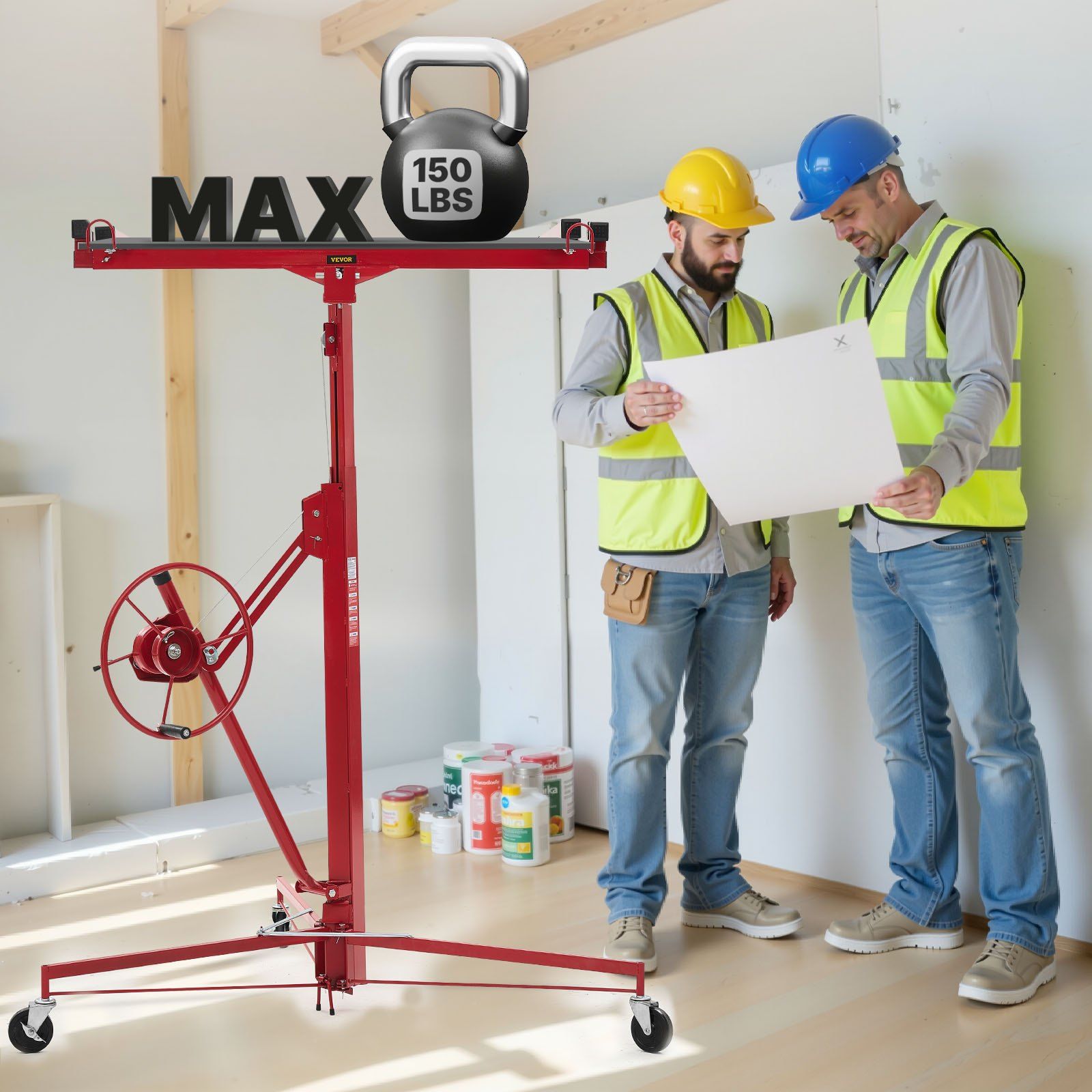 3353mm Drywall Lift, Heavy-Duty 68 kg Sheetrock Hoist with Adjustable Telescoping Arm, Lockable Wheels, Drywall Lifter Panel Jack Hoist Tools Ideal for Ceiling & Wall Installation (Red) - Image 8