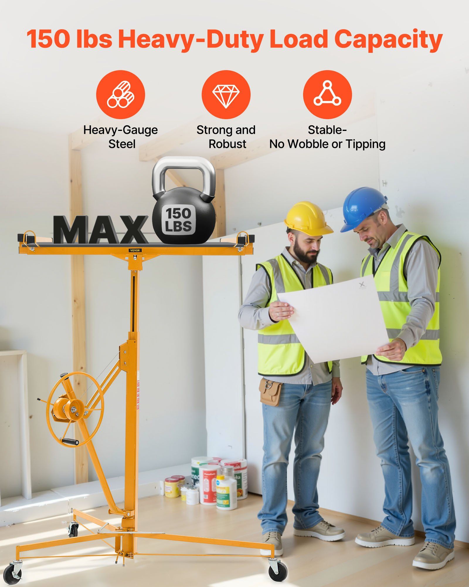 3353mm Drywall Lift, Heavy-Duty 68 kg Sheetrock Hoist with Adjustable Telescoping Arm, Lockable Wheels, Drywall Lifter Panel Jack Hoist Tools Ideal for Ceiling & Wall Installation (Yellow) - Image 2