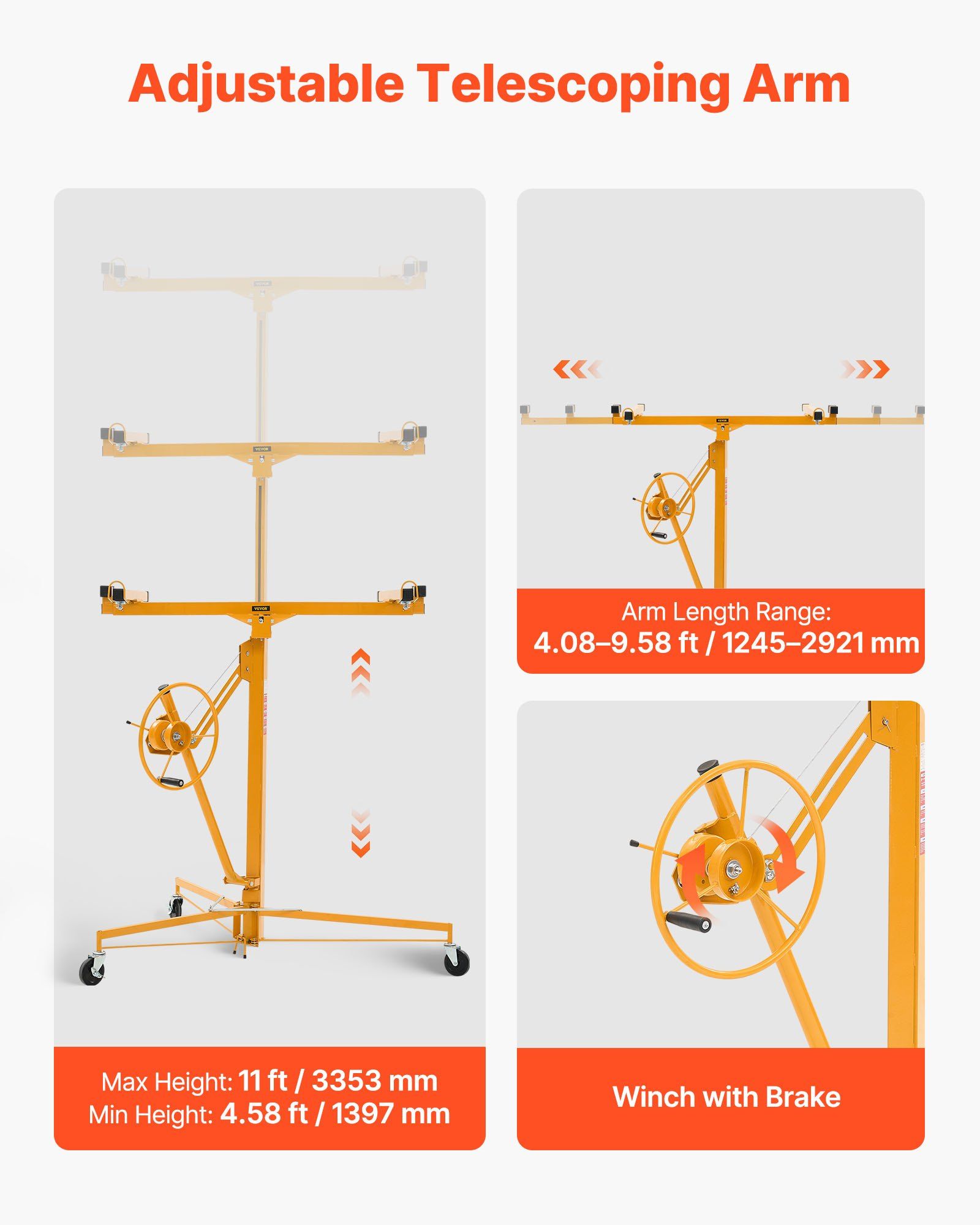 3353mm Drywall Lift, Heavy-Duty 68 kg Sheetrock Hoist with Adjustable Telescoping Arm, Lockable Wheels, Drywall Lifter Panel Jack Hoist Tools Ideal for Ceiling & Wall Installation (Yellow) - Image 3