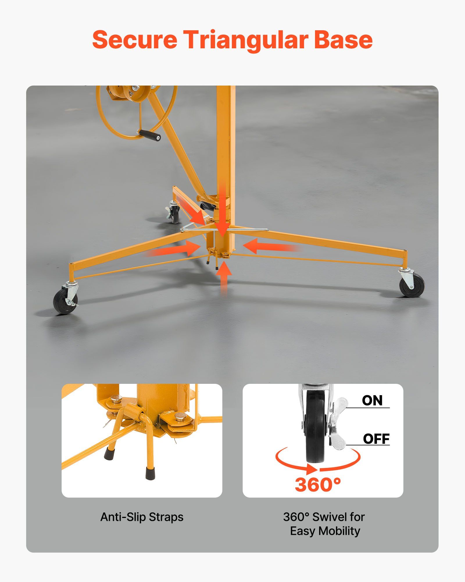 3353mm Drywall Lift, Heavy-Duty 68 kg Sheetrock Hoist with Adjustable Telescoping Arm, Lockable Wheels, Drywall Lifter Panel Jack Hoist Tools Ideal for Ceiling & Wall Installation (Yellow) - Image 5