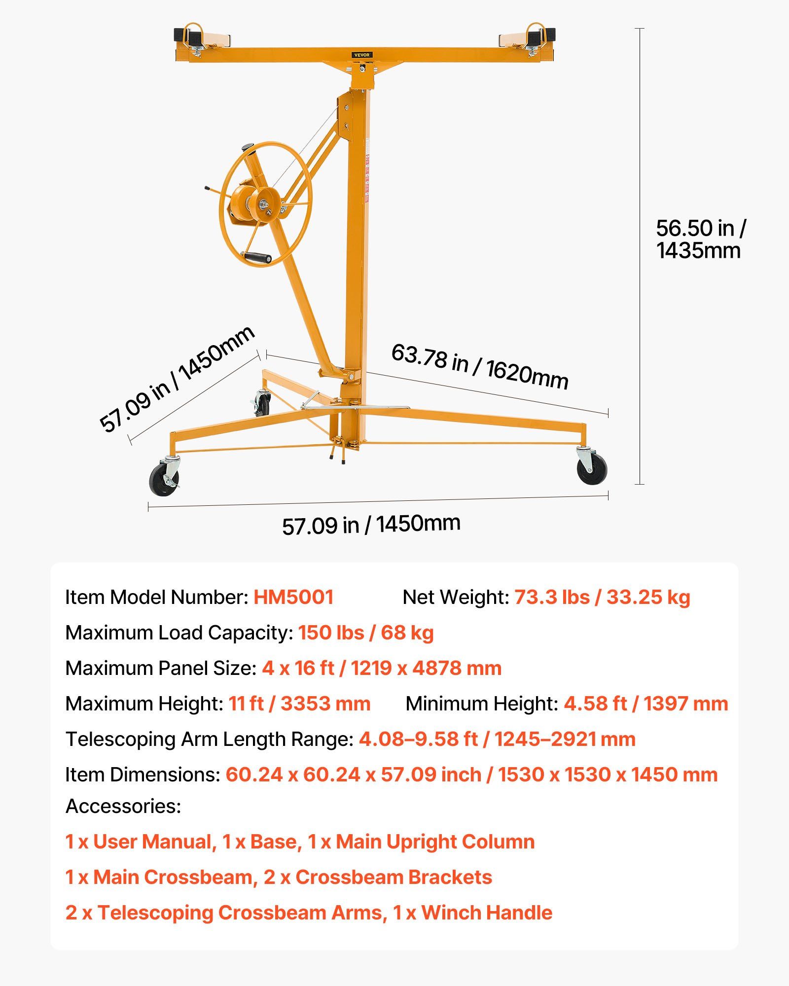 3353mm Drywall Lift, Heavy-Duty 68 kg Sheetrock Hoist with Adjustable Telescoping Arm, Lockable Wheels, Drywall Lifter Panel Jack Hoist Tools Ideal for Ceiling & Wall Installation (Yellow) - Image 7