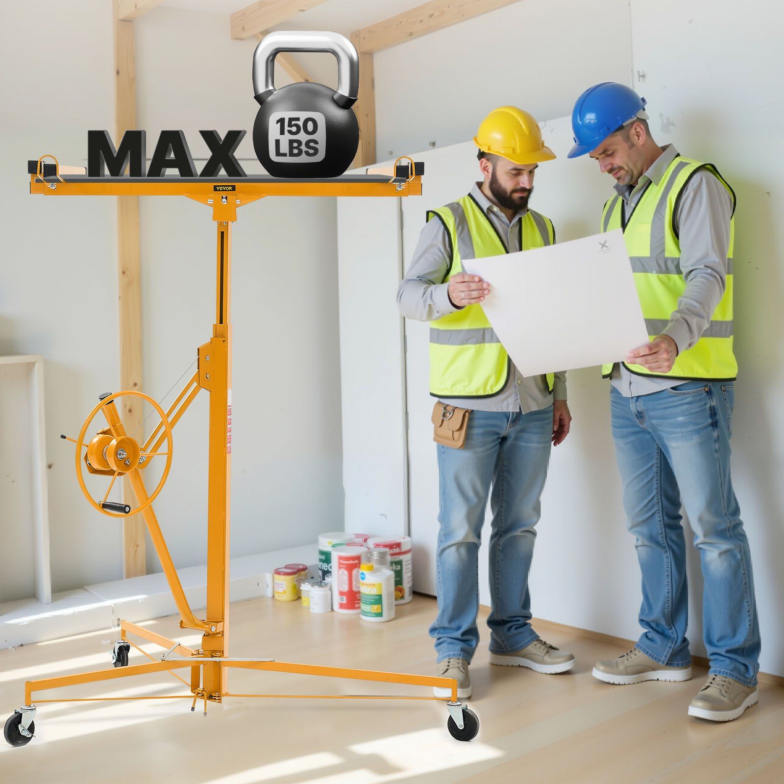 3353mm Drywall Lift, Heavy-Duty 68 kg Sheetrock Hoist with Adjustable Telescoping Arm, Lockable Wheels, Drywall Lifter Panel Jack Hoist Tools Ideal for Ceiling & Wall Installation (Yellow) - Image 8