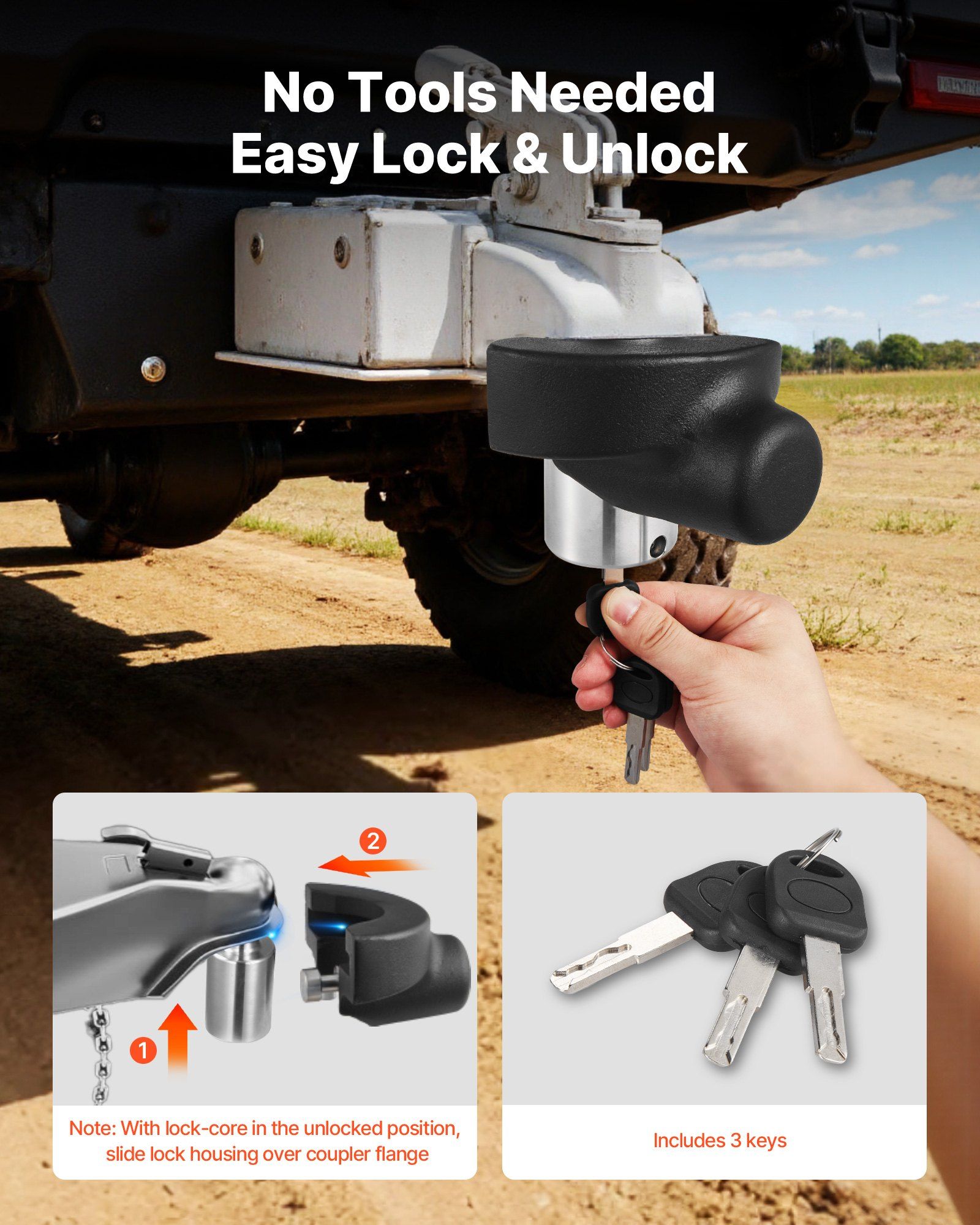Trailer Hitch Lock, Compatible with 58.7 mm Couplers, Heavy-Duty Anti-Theft Trailer Ball Lock with 3 Keys, Prying-Resistant & Impact-Resistant, Fits for RVs, Boats, Off-Road Vehicles, Trailers - Image 5
