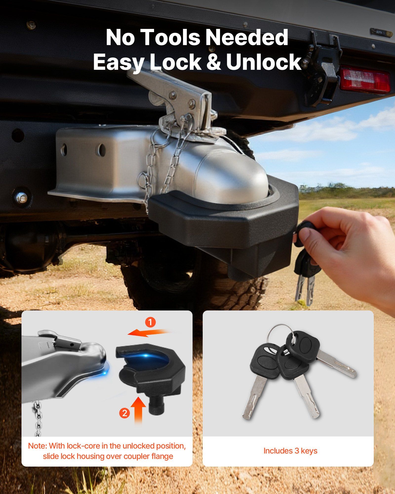 Trailer Hitch Lock Kit, Compatible with 58.7 mm Couplers, Heavy-Duty Anti-Theft Trailer Ball Lock with 3 Keys & Padlock, Prying-Resistant & Impact-Resistant, Fits for RVs, Boats, Trailers - Image 5