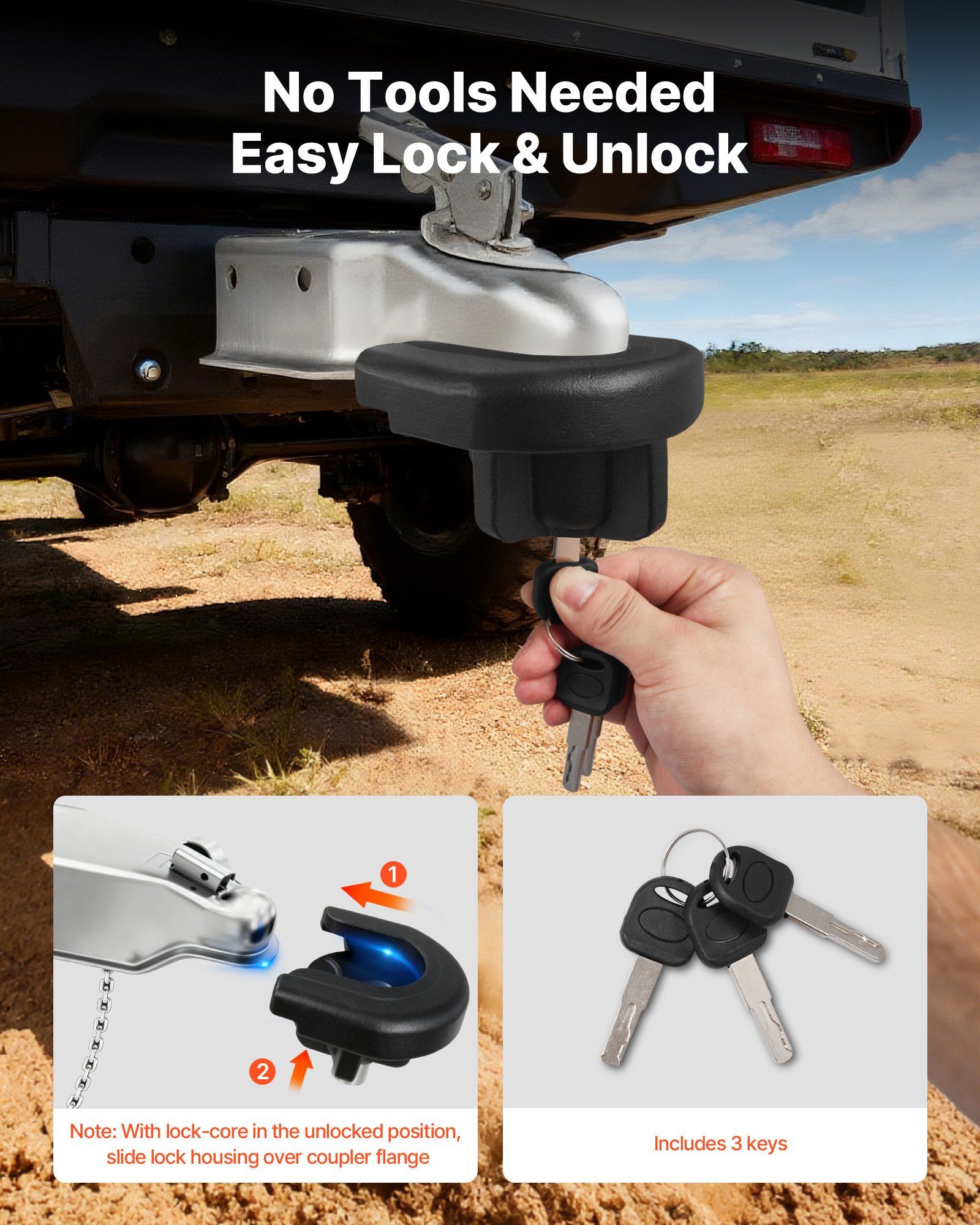 Trailer Hitch Lock, Compatible with 50.8 mm Couplers, Heavy-Duty Anti-Theft Trailer Ball Lock with 3 Keys, Prying-Resistant & Impact-Resistant, Fits for RVs, Boats, Off-Road Vehicles, Trailers - Image 5