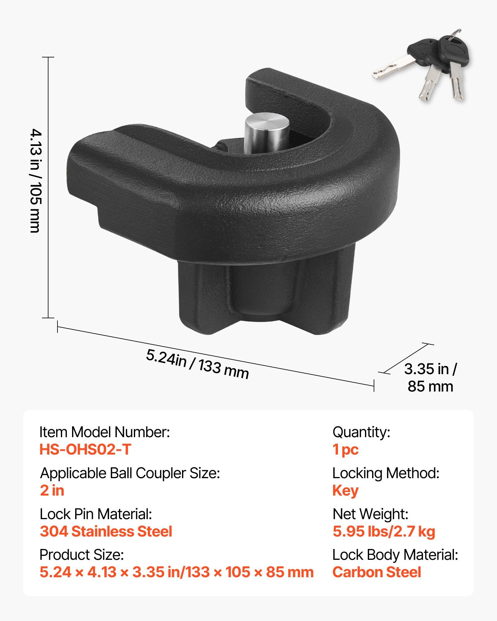 Trailer Hitch Lock, Compatible with 50.8 mm Couplers, Heavy-Duty Anti-Theft Trailer Ball Lock with 3 Keys, Prying-Resistant & Impact-Resistant, Fits for RVs, Boats, Off-Road Vehicles, Trailers - Image 7