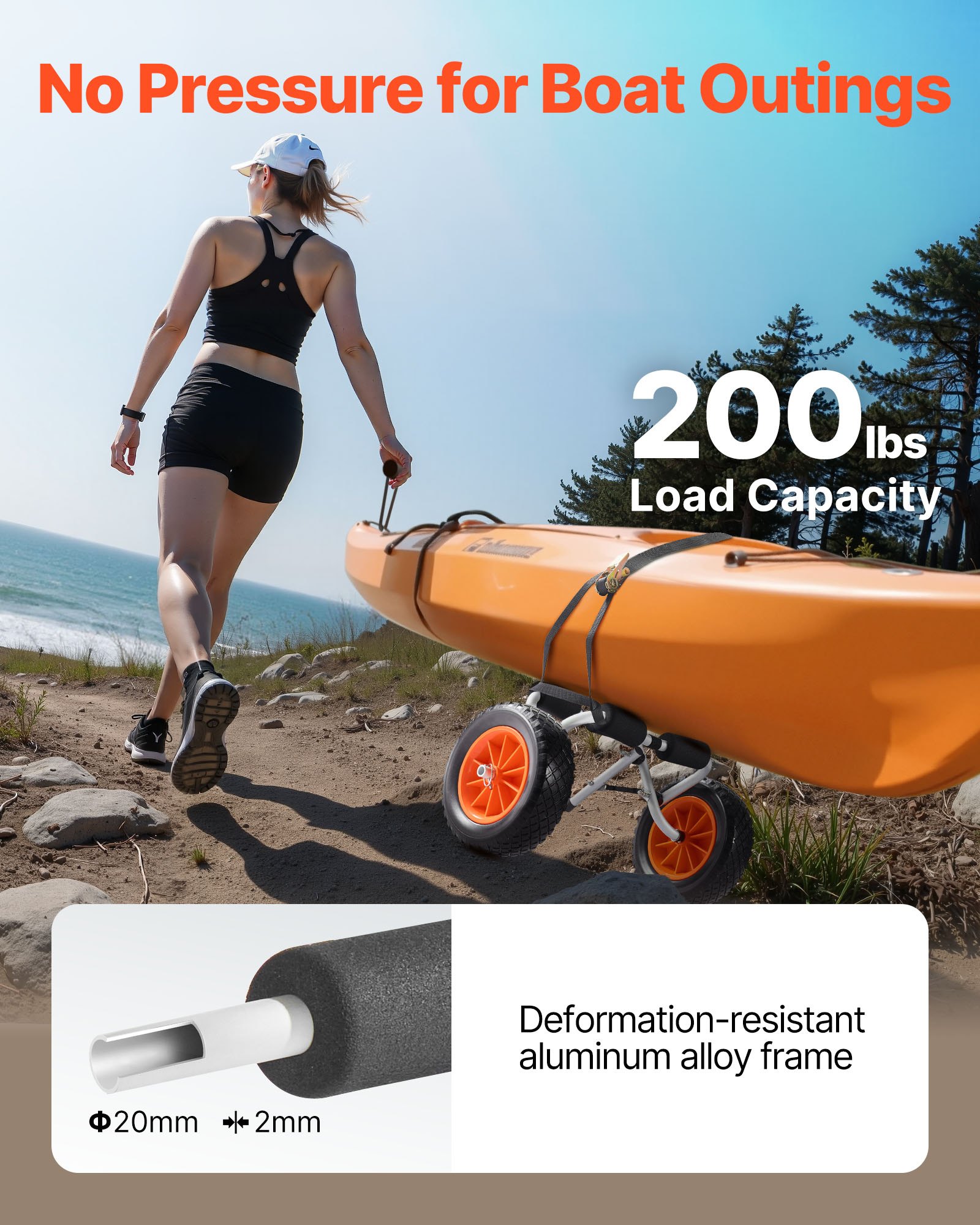 Kayak Cart, 90 kg Load Capacity, Foldable Kayak Trolley with 25.4 cm Solid Rubber Tires & 1 Ratchet Strap, Paddle Board Trolley for Carrying Kayaks, Canoes, Paddleboards, Float Mats, Jon Boats - Image 2