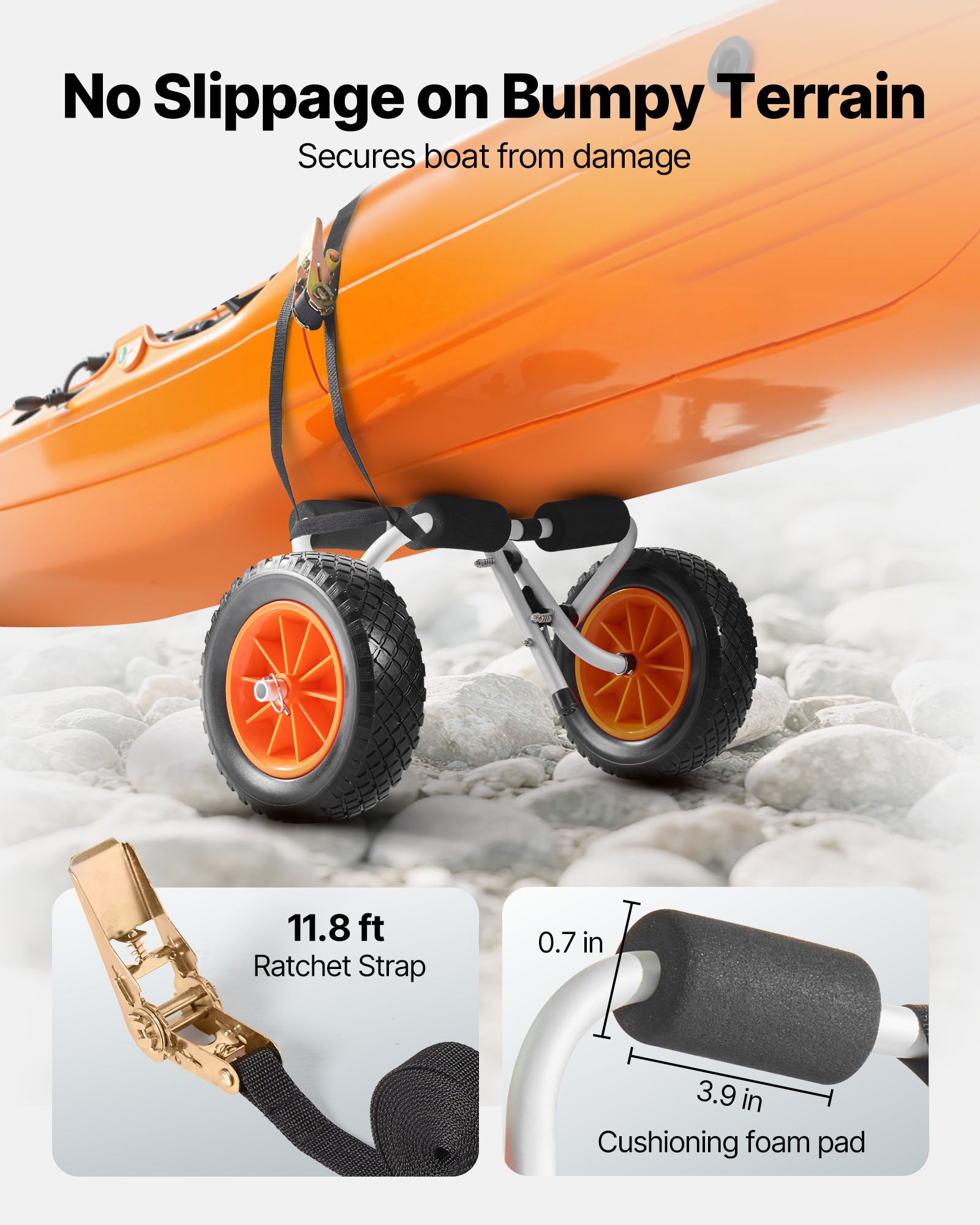 Kayak Cart, 90 kg Load Capacity, Foldable Kayak Trolley with 25.4 cm Solid Rubber Tires & 1 Ratchet Strap, Paddle Board Trolley for Carrying Kayaks, Canoes, Paddleboards, Float Mats, Jon Boats - Image 4