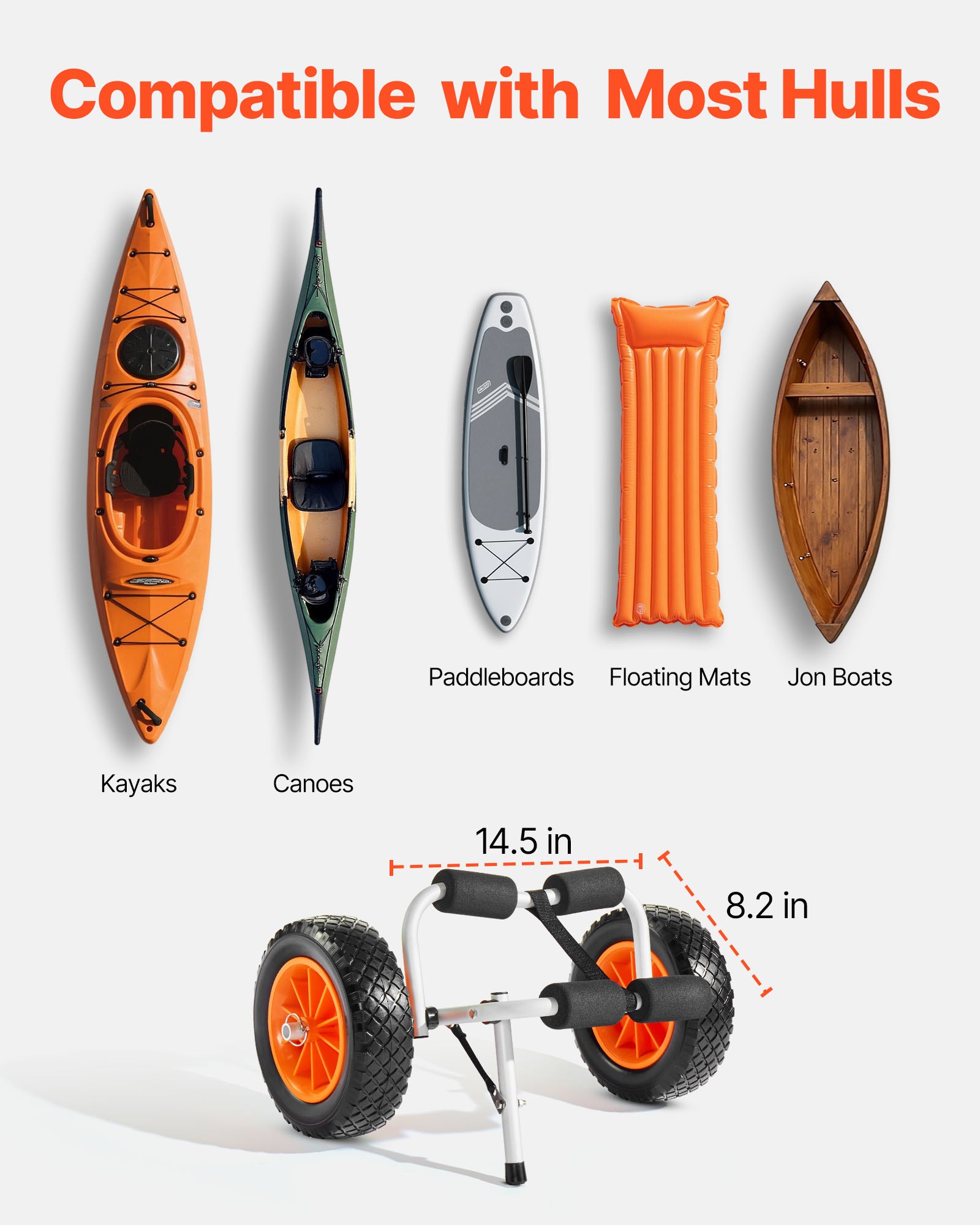 Kayak Cart, 90 kg Load Capacity, Foldable Kayak Trolley with 25.4 cm Solid Rubber Tires & 1 Ratchet Strap, Paddle Board Trolley for Carrying Kayaks, Canoes, Paddleboards, Float Mats, Jon Boats - Image 5