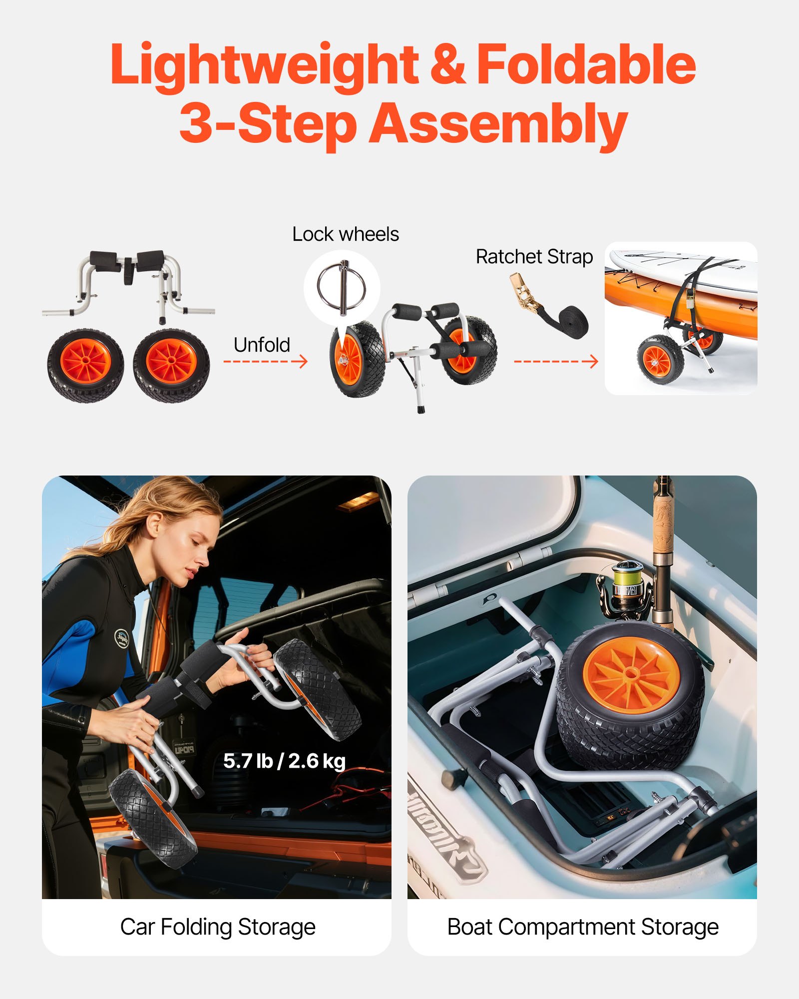 Kayak Cart, 90 kg Load Capacity, Foldable Kayak Trolley with 25.4 cm Solid Rubber Tires & 1 Ratchet Strap, Paddle Board Trolley for Carrying Kayaks, Canoes, Paddleboards, Float Mats, Jon Boats - Image 6