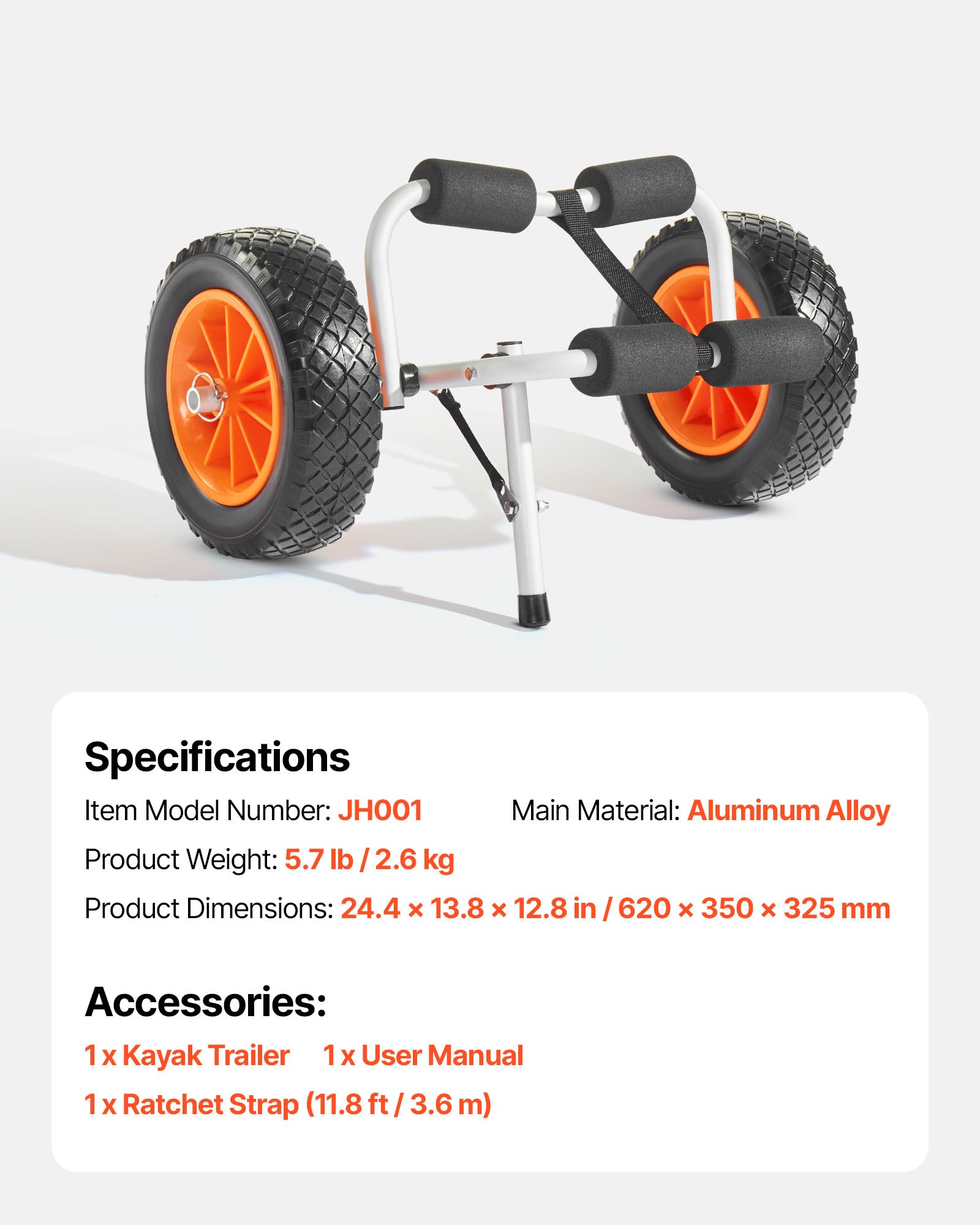 Kayak Cart, 90 kg Load Capacity, Foldable Kayak Trolley with 25.4 cm Solid Rubber Tires & 1 Ratchet Strap, Paddle Board Trolley for Carrying Kayaks, Canoes, Paddleboards, Float Mats, Jon Boats - Image 7
