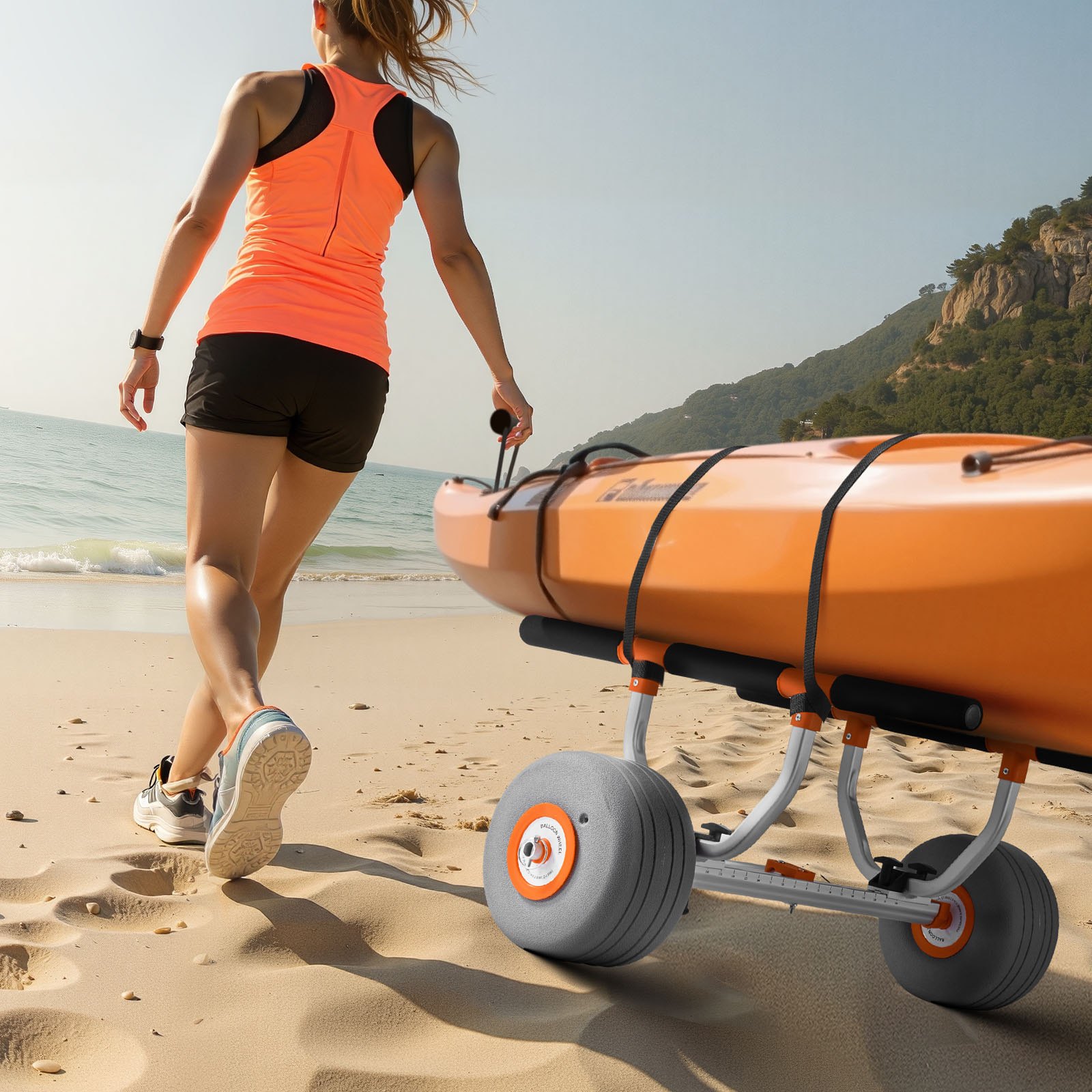 Kayak Cart, 158.8 kg Load Capacity, Kayak Trolley with 30.5 cm Inflatable PU Tires & 2 Straps, Assembles & Disassembles Within Seconds, Paddle Board Trolley for Carrying Kayaks and Canoes - Image 8