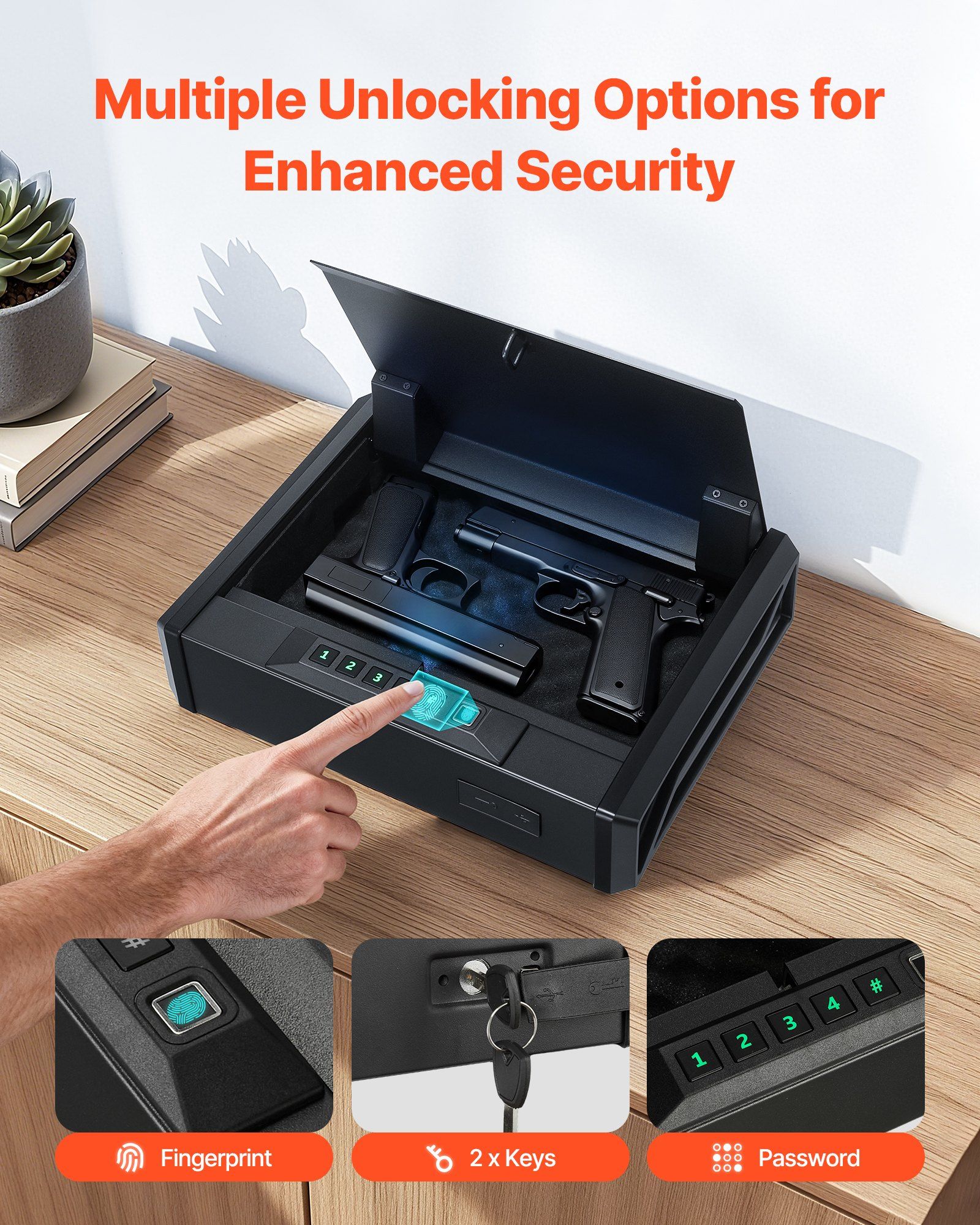 Gun Safe, Heavy Duty Handgun Safe with Fingerprint/Password/Key, 3-Way Quick Access Firearm Case Box with Lighting for 2 Pistols & 2 Magazines, Pistol Gun Box for Nightstand Bedside Desk Car - Image 2