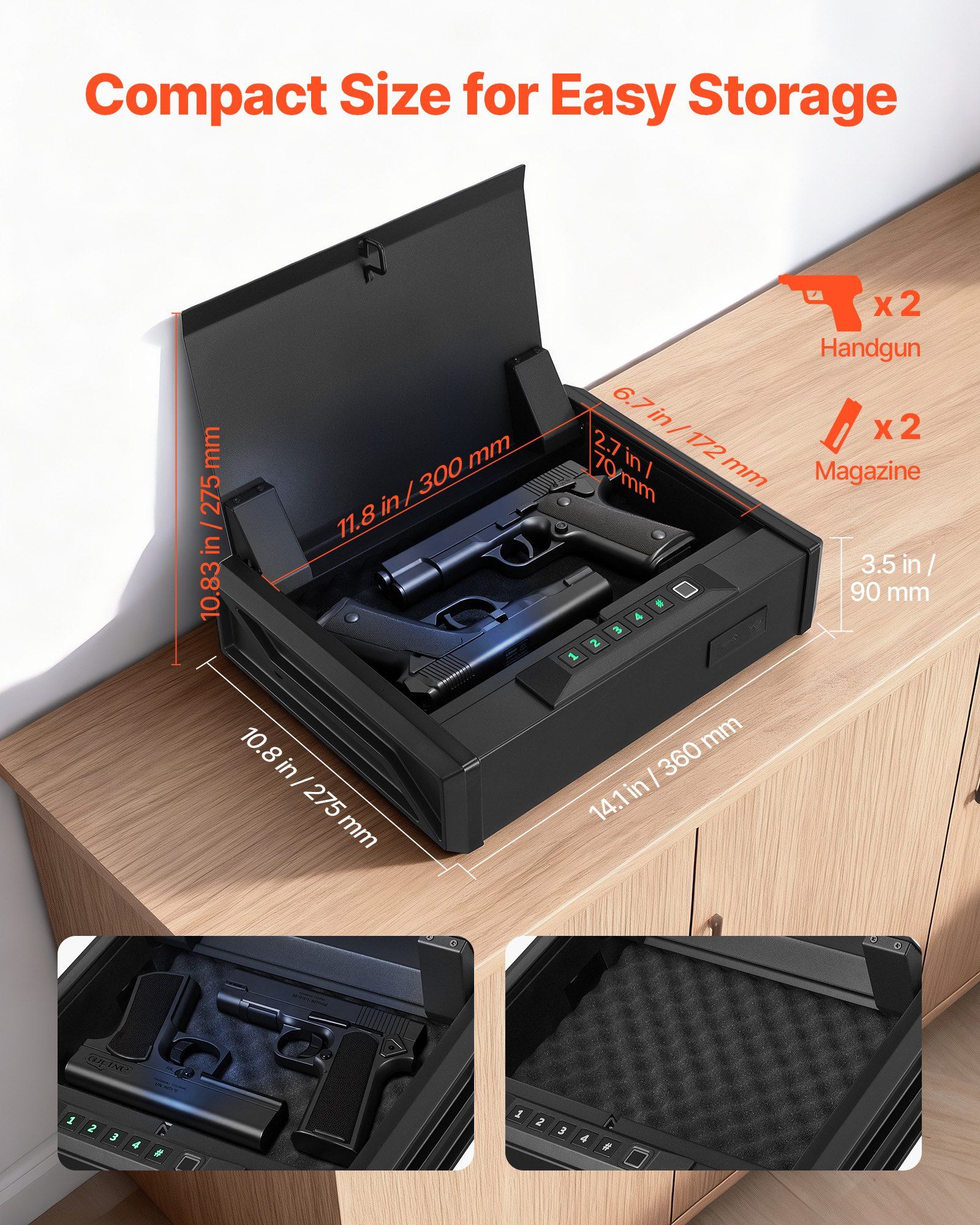 Gun Safe, Heavy Duty Handgun Safe with Fingerprint/Password/Key, 3-Way Quick Access Firearm Case Box with Lighting for 2 Pistols & 2 Magazines, Pistol Gun Box for Nightstand Bedside Desk Car - Image 3
