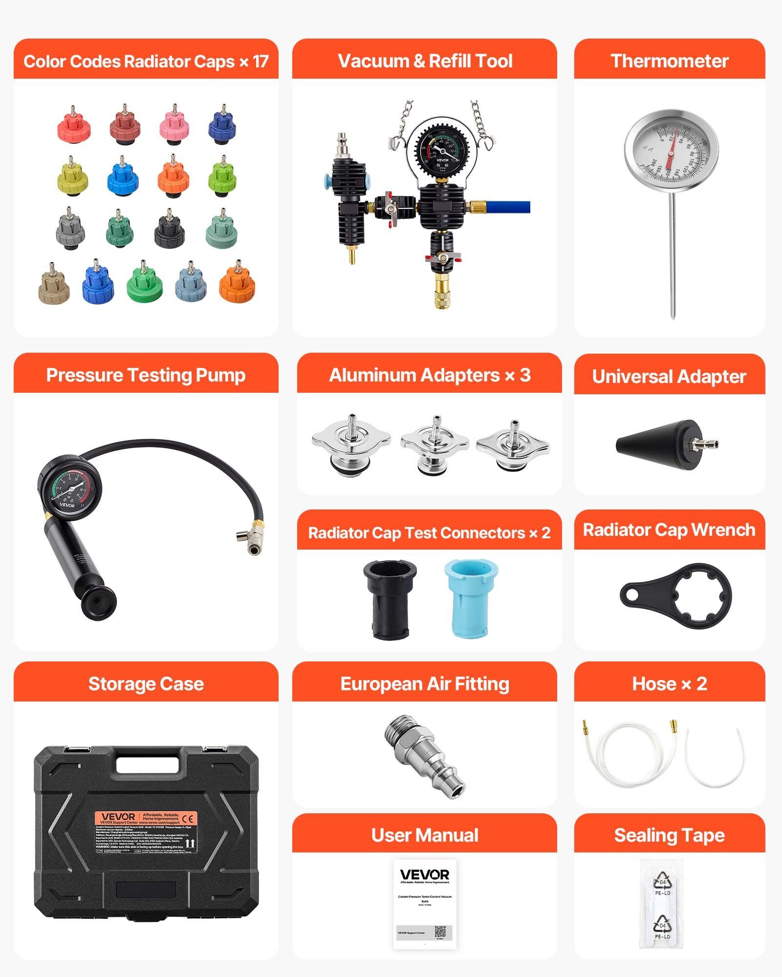 Coolant Pressure Tester Kit, 47Pcs Radiator Vacuum Refill Kit with 3 Metal Adapters, Universal Fit, Automotive Cooling System Pressure Tester Tool, with Pressures Pump & Plastic Filler - Image 7