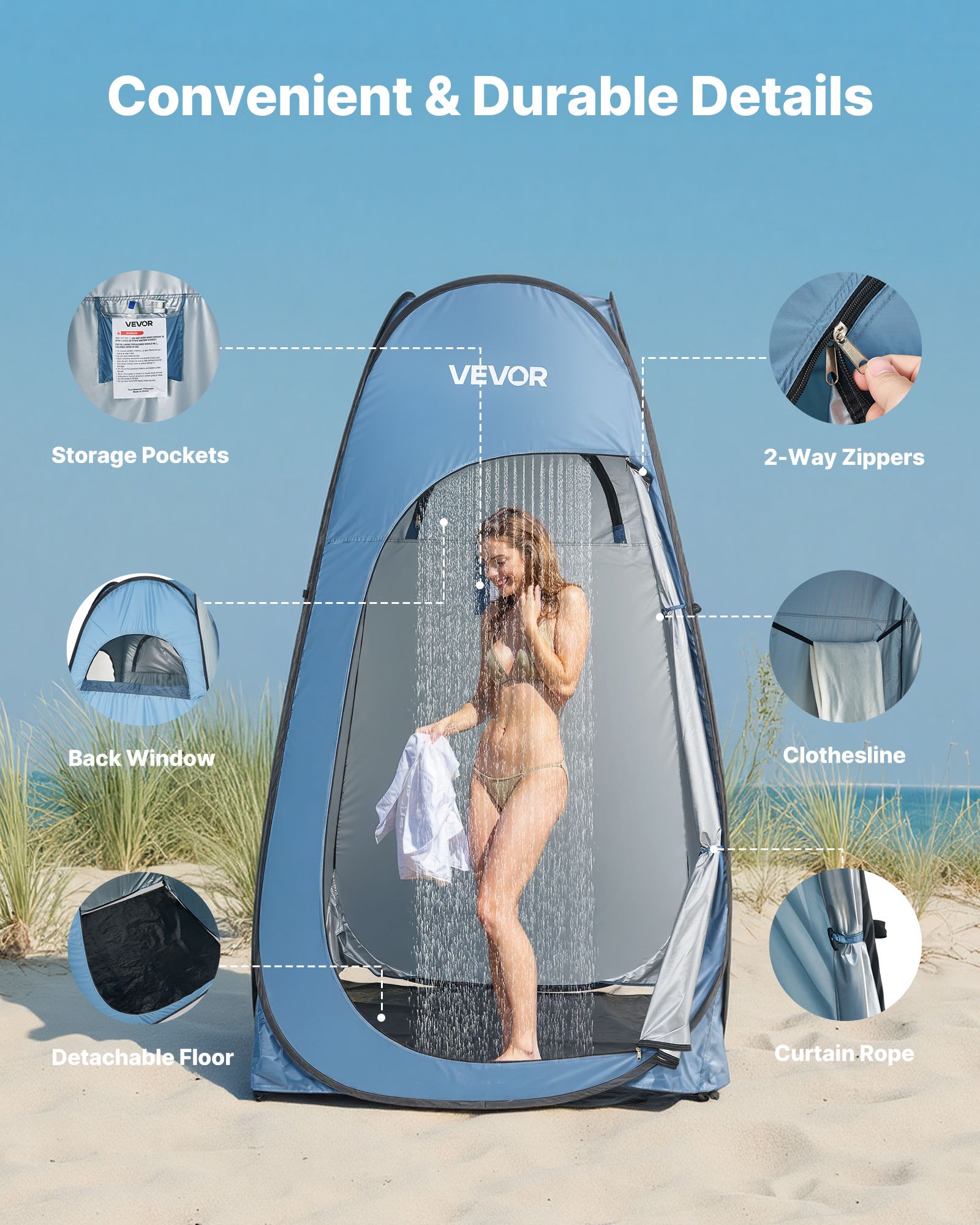 Pop up Shower Tent, Instant Portable Privacy Tent Changing Room with Hanging Bag, Ground Stakes, Ropes, Carry Bag, 190T Polyester with Silver Coating, Quick Setup, for Camping, Beach, Fishing - Image 5