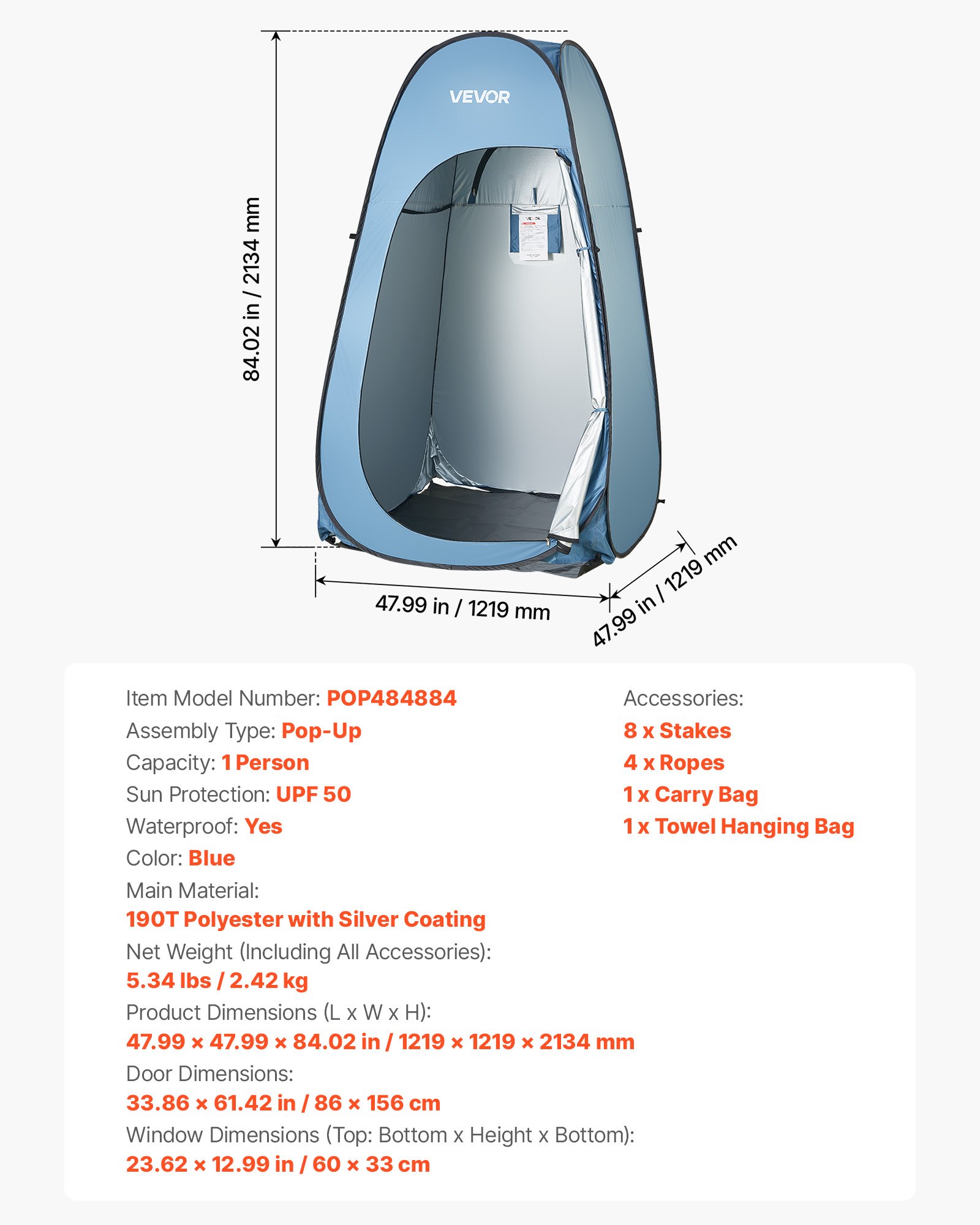 Pop up Shower Tent, Instant Portable Privacy Tent Changing Room with Hanging Bag, Ground Stakes, Ropes, Carry Bag, 190T Polyester with Silver Coating, Quick Setup, for Camping, Beach, Fishing - Image 7