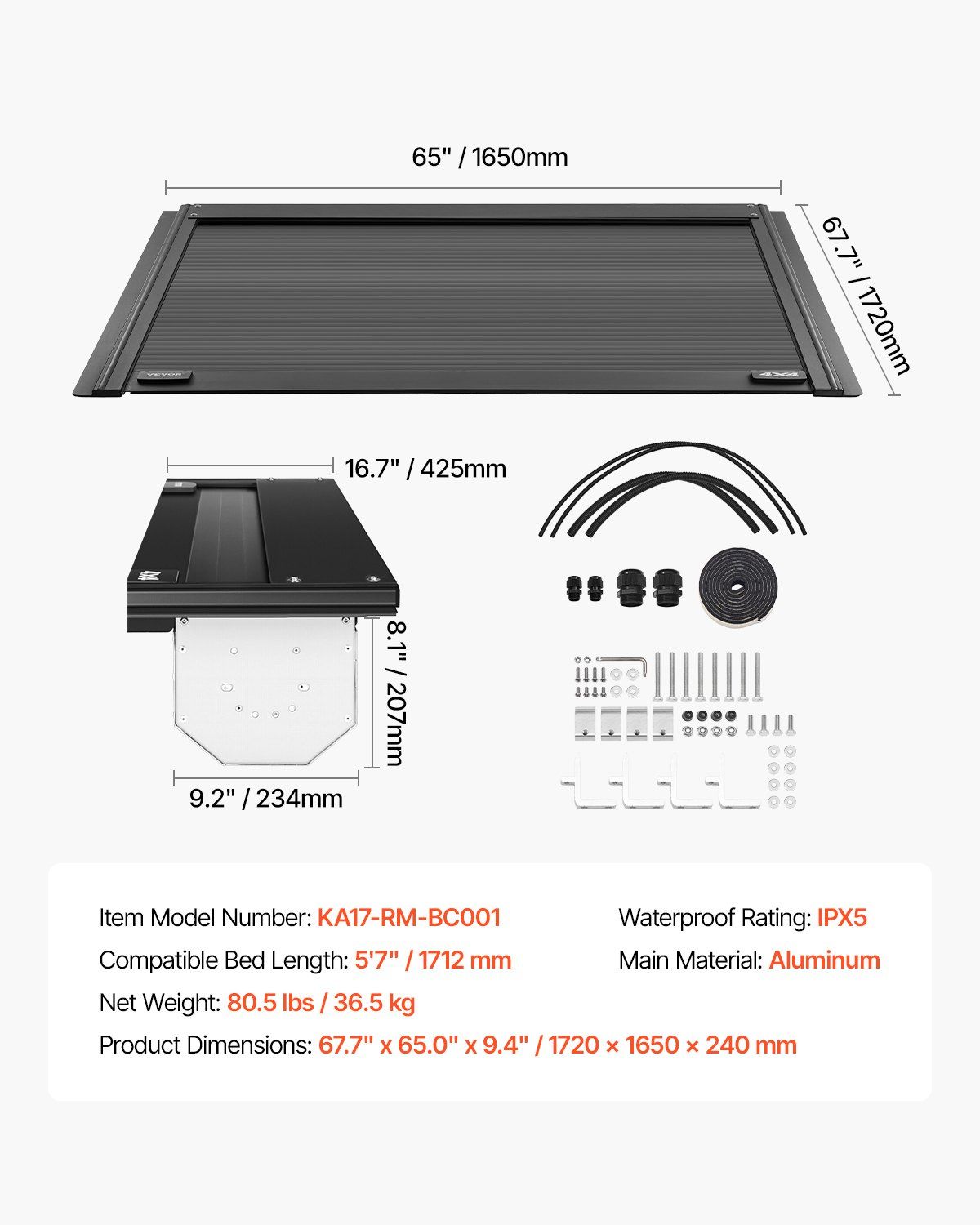 Retractable Tonneau Cover, 5.7 ft Hard Retractable Tonneau Cover with Built-in Drainage Pipe for 2009-2024 Dodge Ram 1500 Crew Cab, Customized Hard Tonneau Cover with Double-Lock & T-Slot - Image 7
