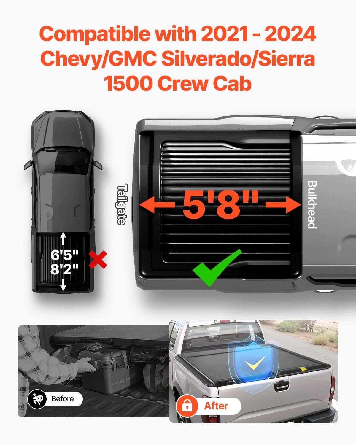Retractable Tonneau Cover, 5.8 ft Hard Tonneau Cover with Built-in Drainage Pipe for 2021-2024 Chevy/GMC Silverado/Sierra 1500 Crew Cab, Customized Hard Tonneau Cover with Double-Lock & T-Slot - Image 2