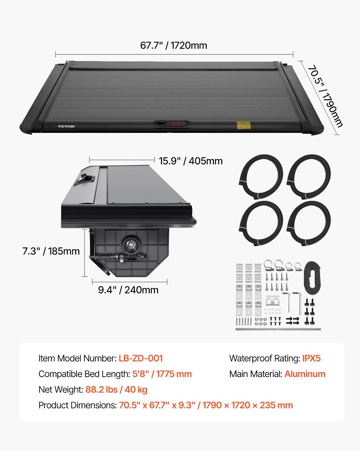 Retractable Tonneau Cover, 5.8 ft Hard Tonneau Cover with Built-in Drainage Pipe for 2021-2024 Chevy/GMC Silverado/Sierra 1500 Crew Cab, Customized Hard Tonneau Cover with Double-Lock & T-Slot - Image 7