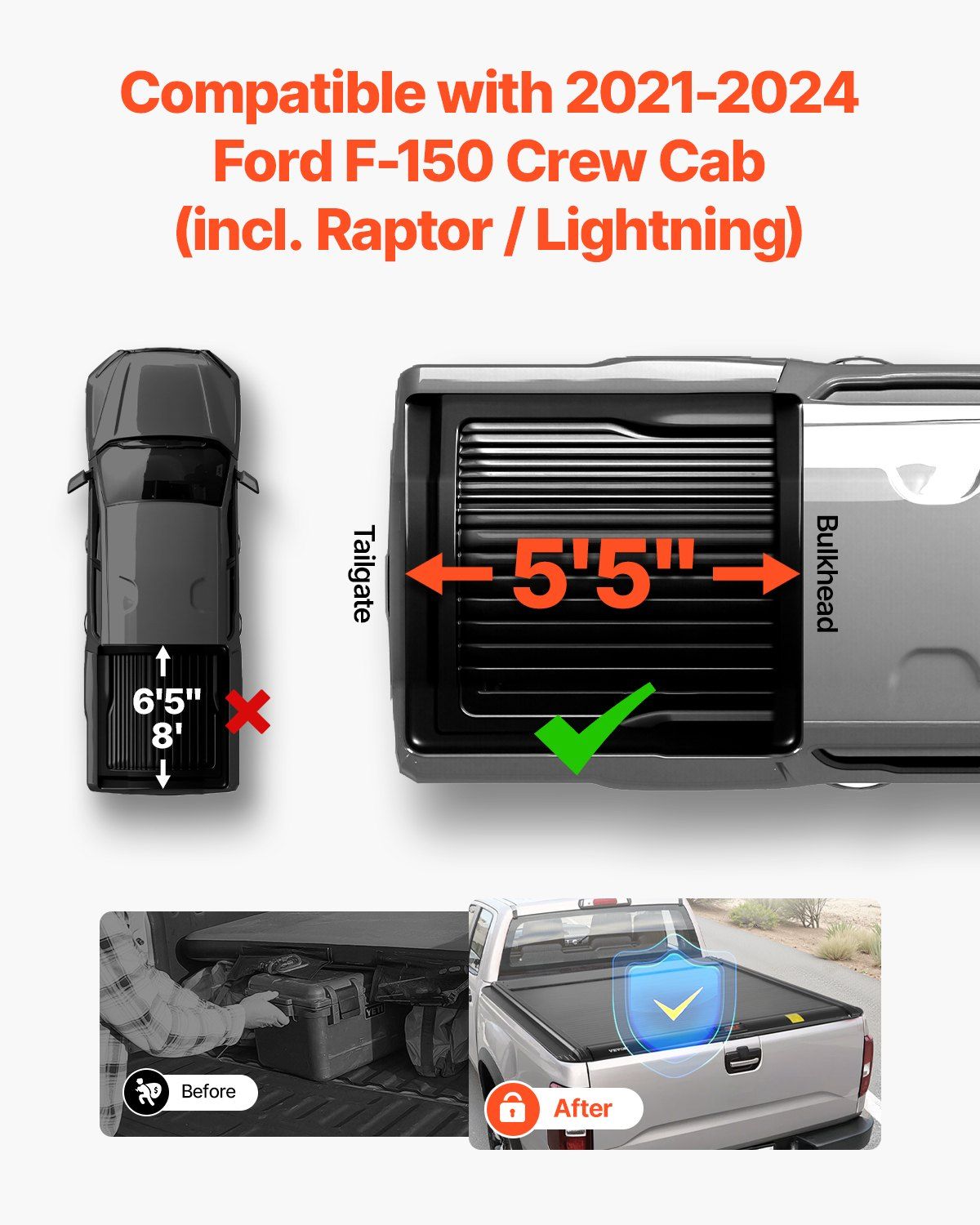 Retractable Tonneau Cover, 5.5 ft Hard Retractable Tonneau Cover with Built-in Drainage Pipe for 2021-2024 Ford F-150 Crew Cab , Customized Hard Tonneau Cover with Double-Lock & T-Slot - Image 2