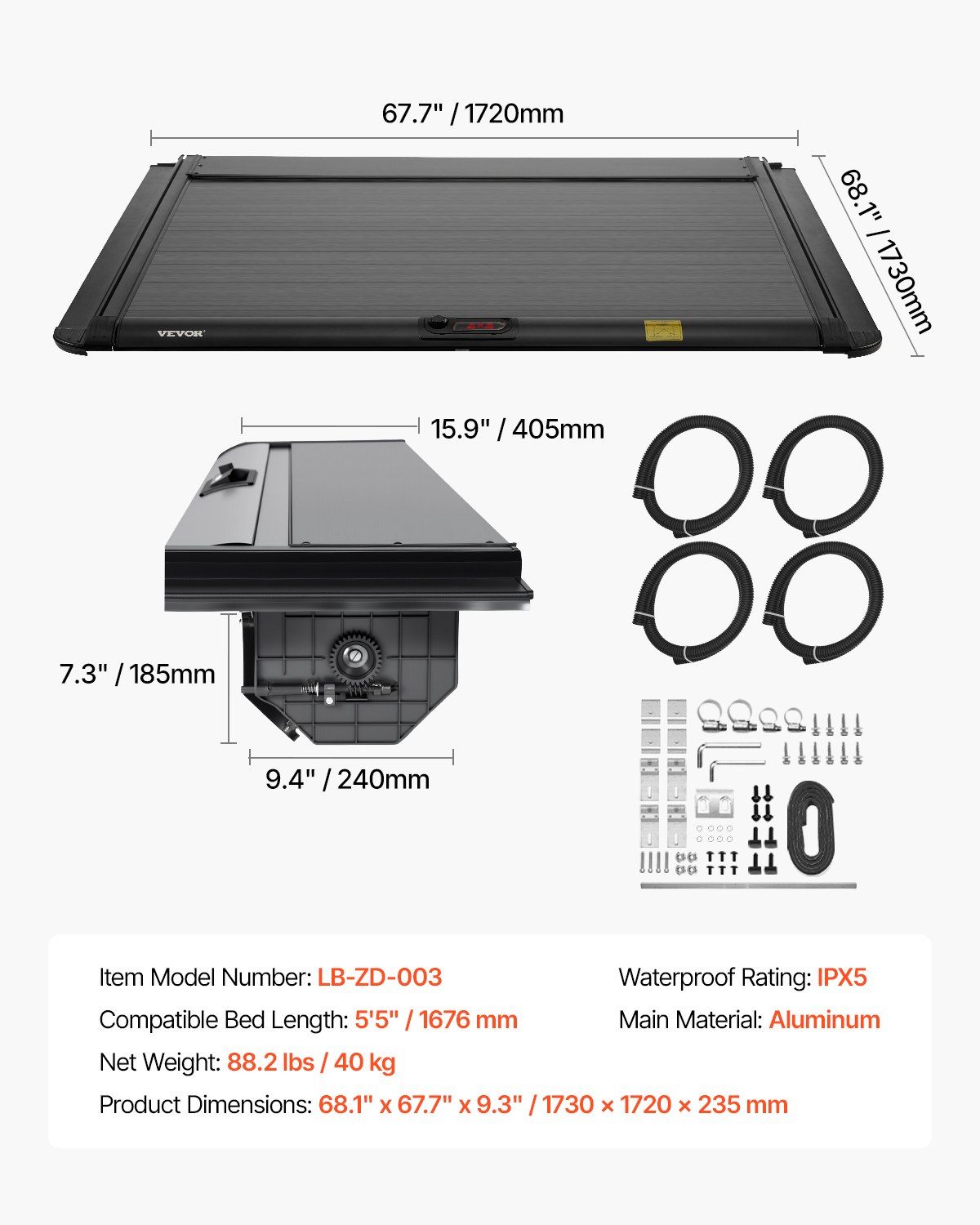 Retractable Tonneau Cover, 5.5 ft Hard Retractable Tonneau Cover with Built-in Drainage Pipe for 2021-2024 Ford F-150 Crew Cab , Customized Hard Tonneau Cover with Double-Lock & T-Slot - Image 7